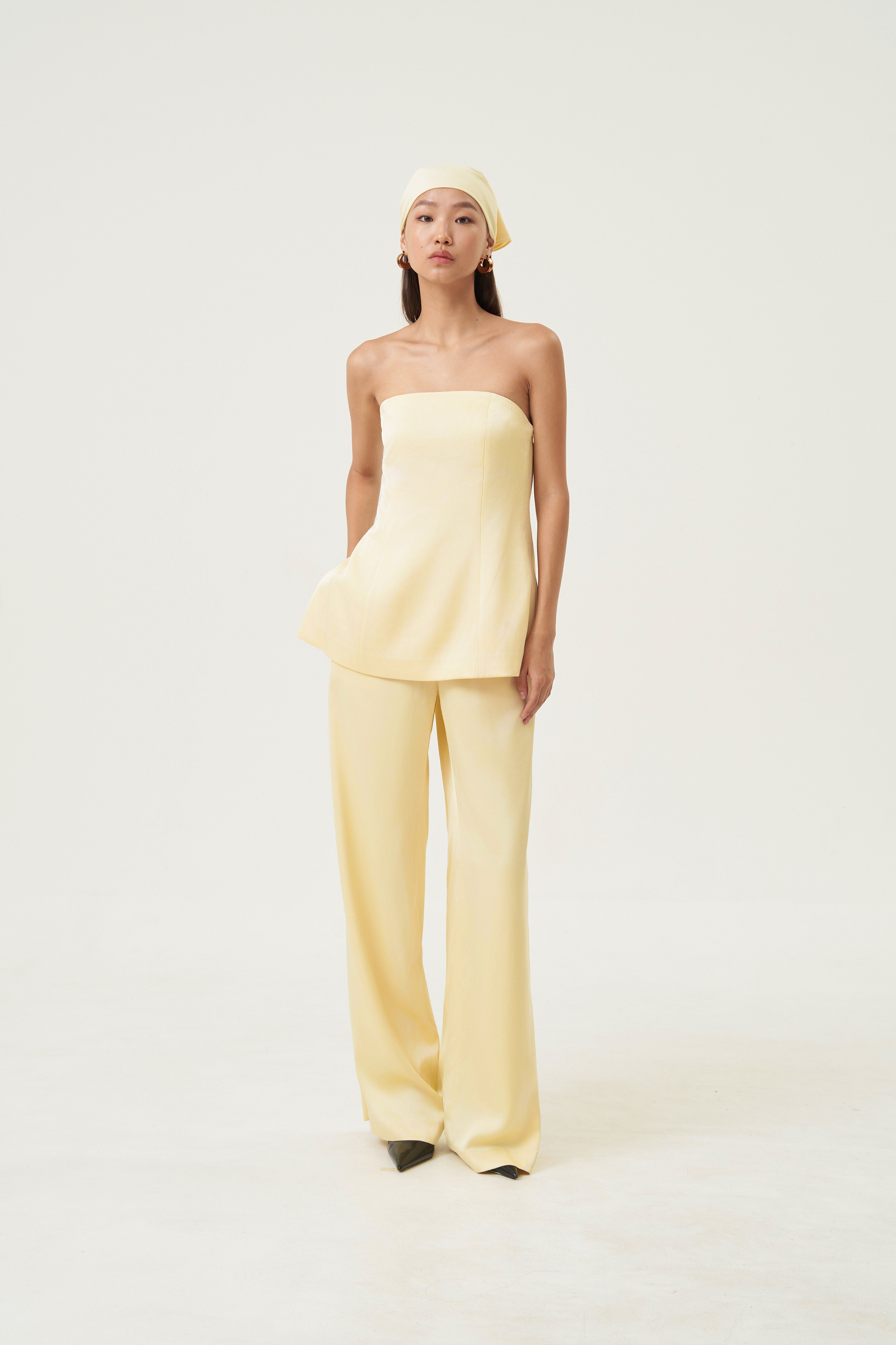 OTHER STORE Elira Satin Wide-Leg Pants Elastic Waist Butter Yellow Drapey Trousers