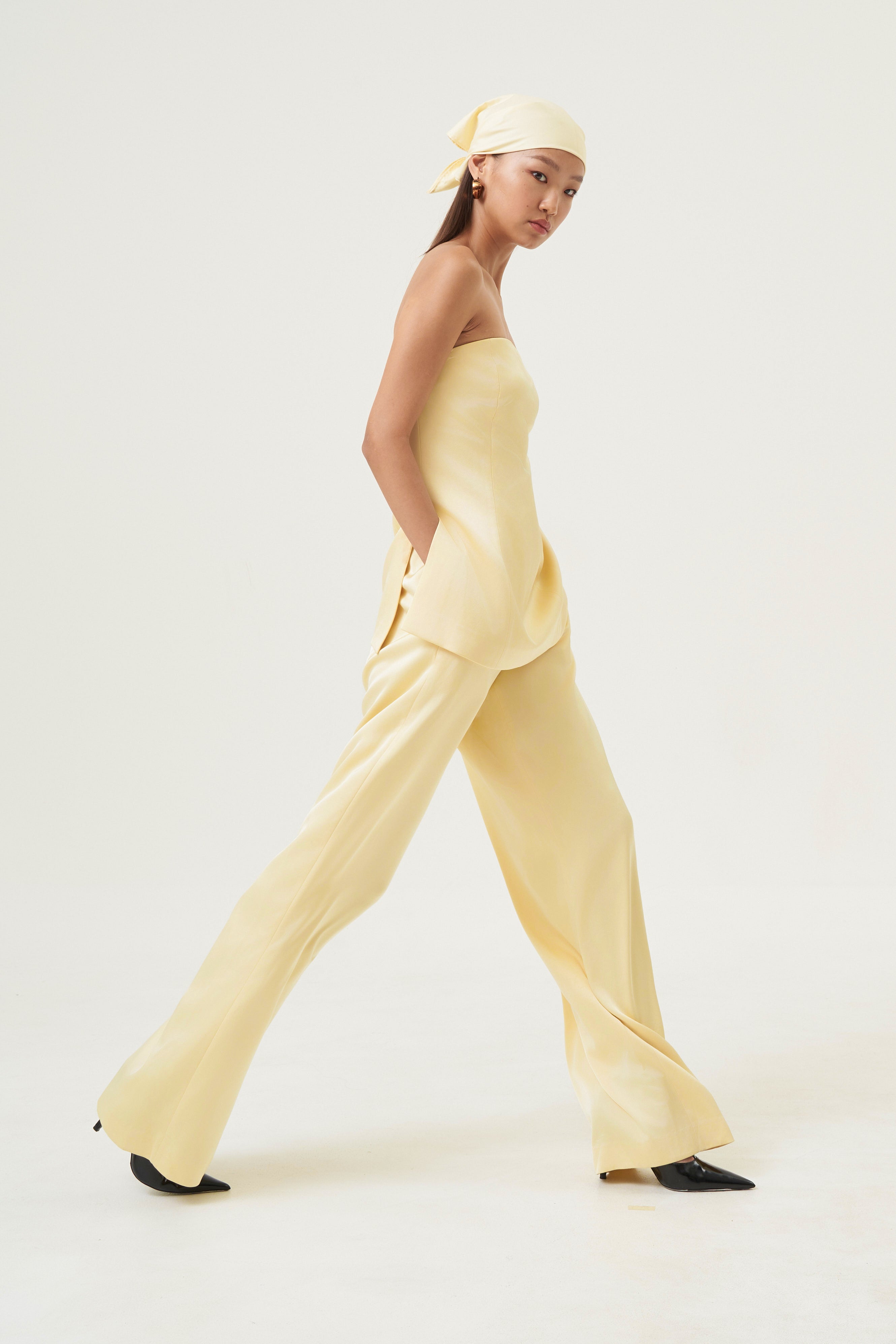 OTHER STORE Elira Satin Wide-Leg Pants Elastic Waist Butter Yellow Drapey Trousers