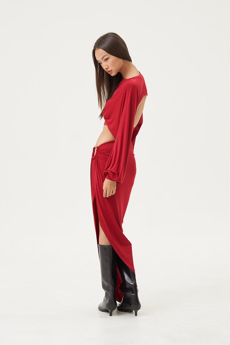 Nyra Draped Metal Ring Skirt Crimson Flame