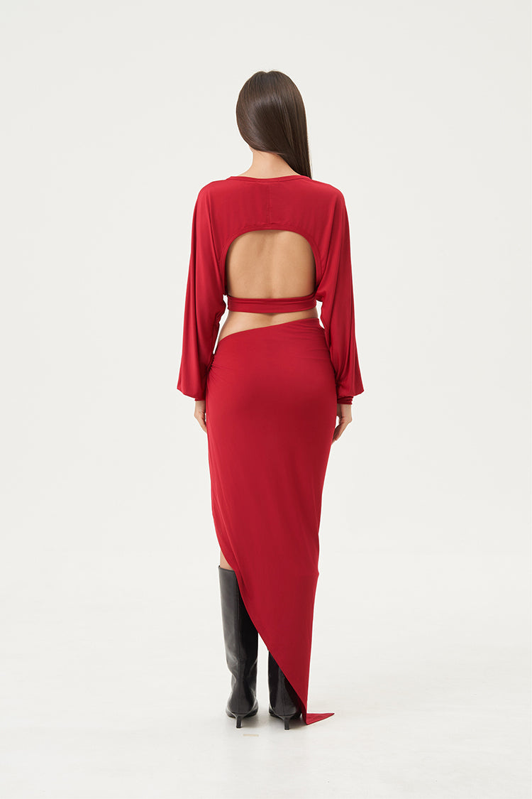 Nyra Draped Metal Ring Skirt Crimson Flame
