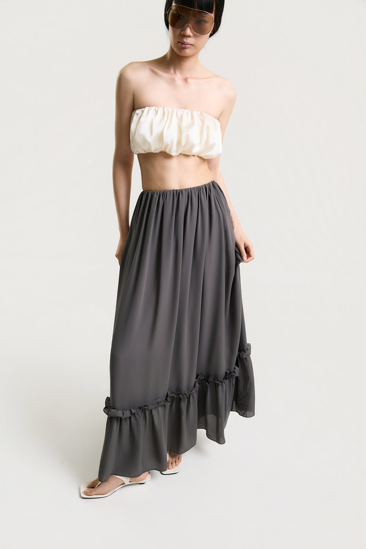 OTHER STORE Aria Ruffle Maxi Skirt in Charcoal Grey