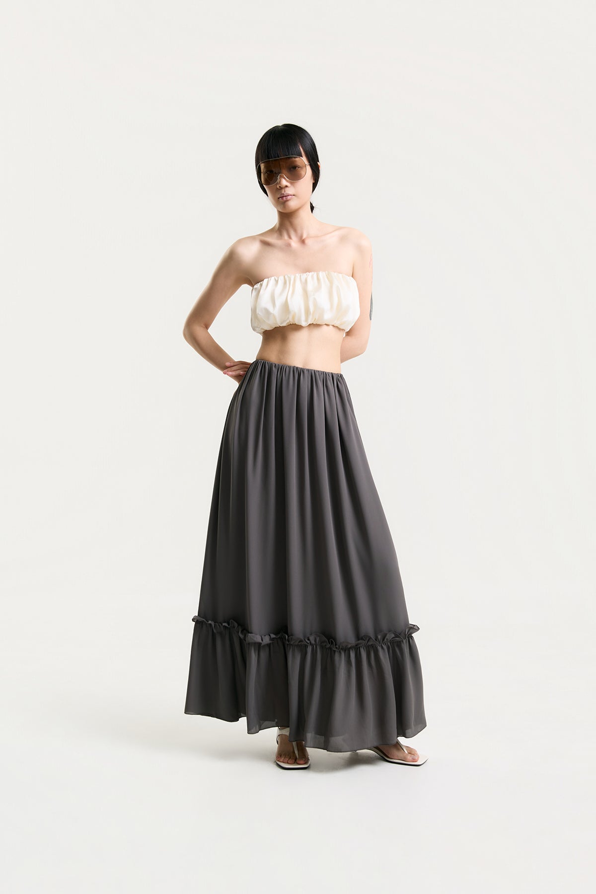 OTHER STORE Aria Ruffle Maxi Skirt in Charcoal Grey
