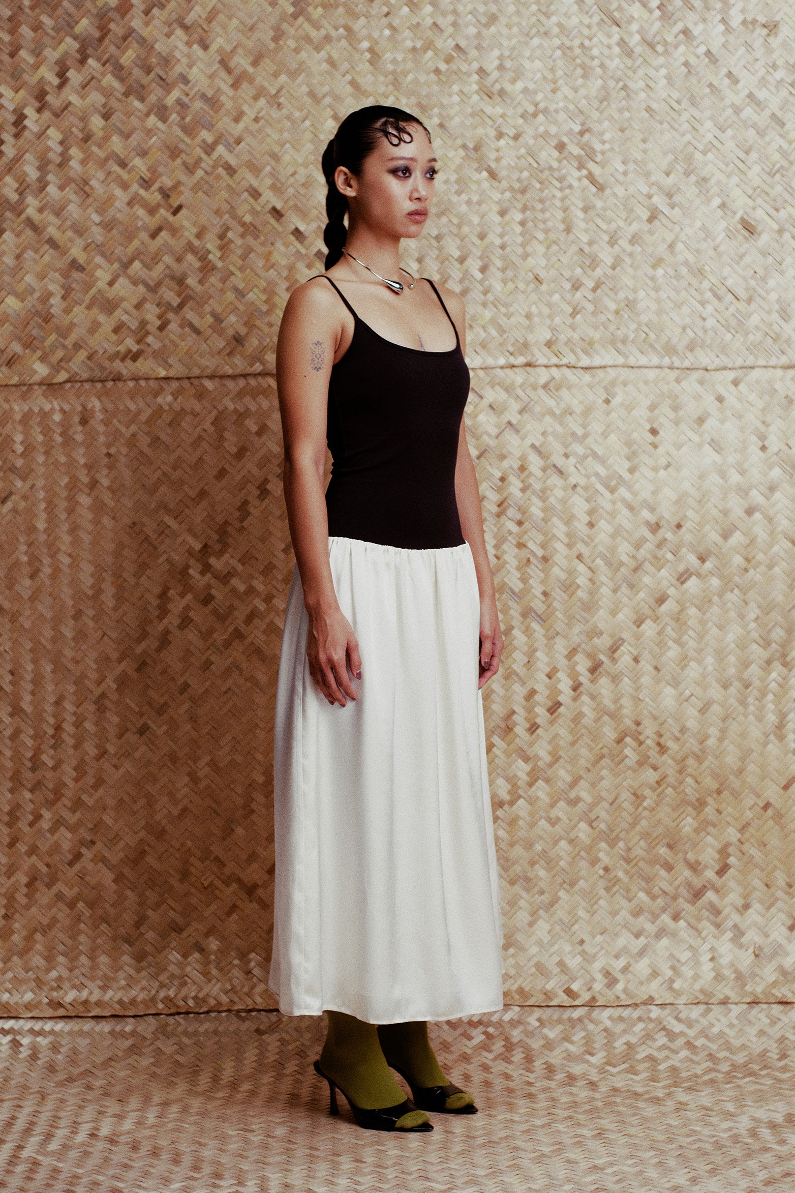 Cara Contrast Paneled Satin Maxi Dress Black & Cream