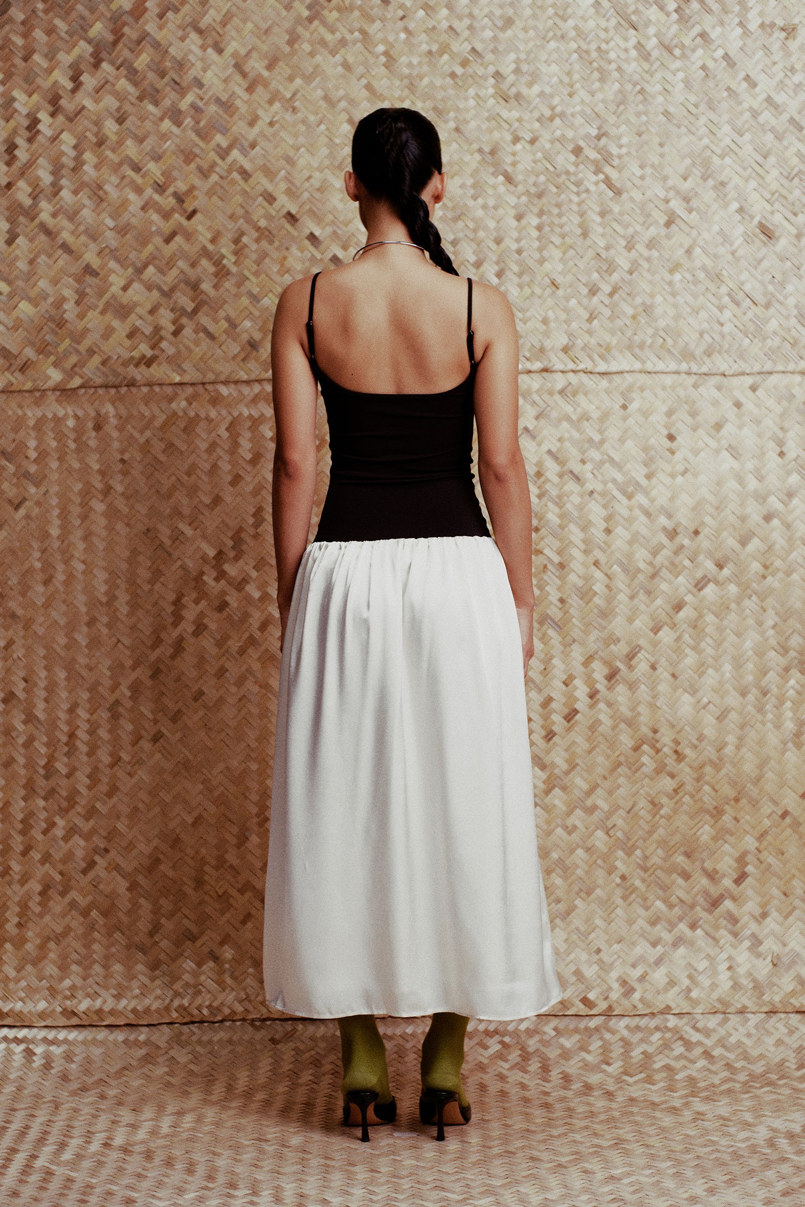 Cara Contrast Paneled Satin Maxi Dress Black & Cream