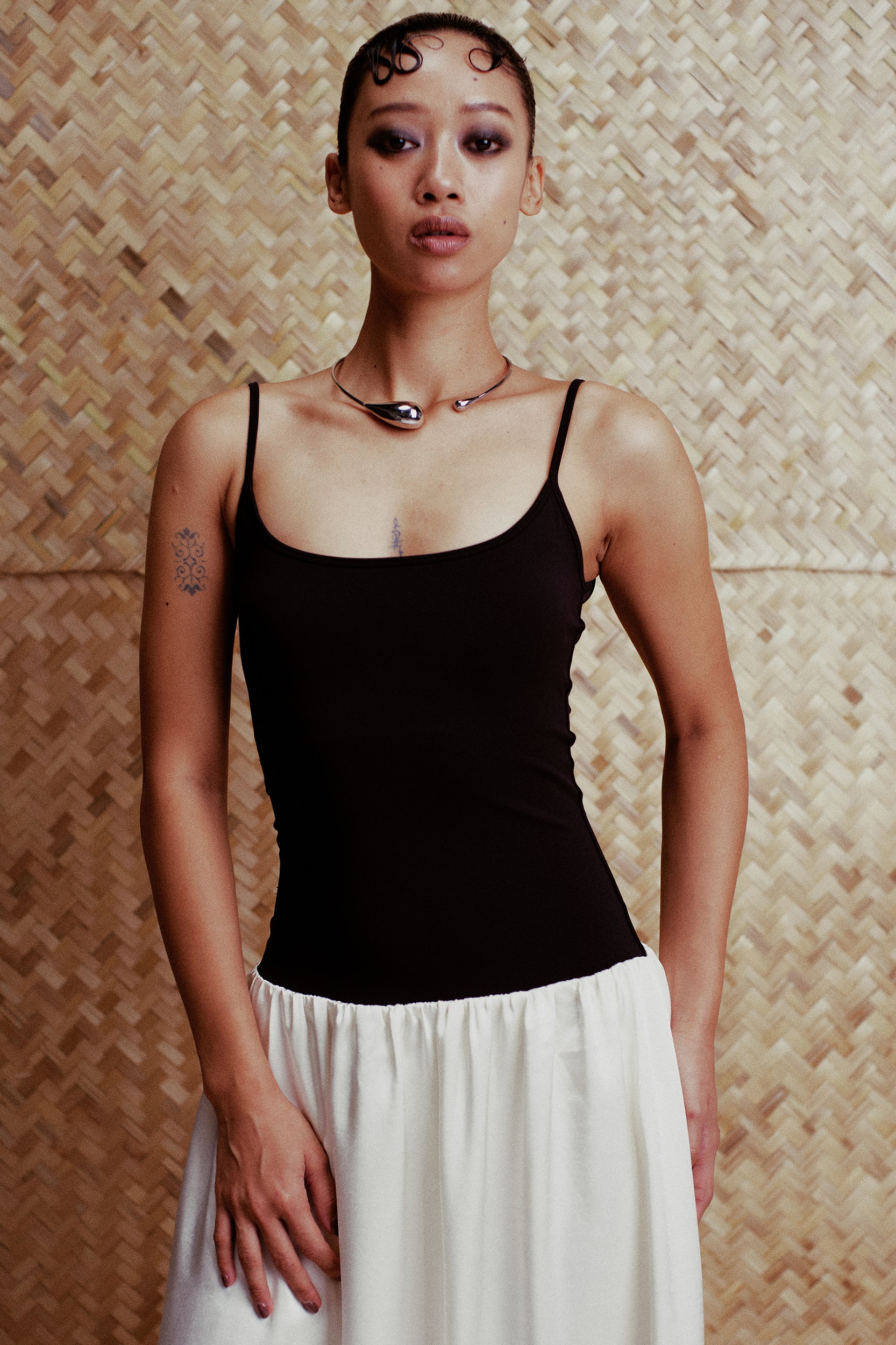 Cara Contrast Paneled Satin Maxi Dress Black & Cream