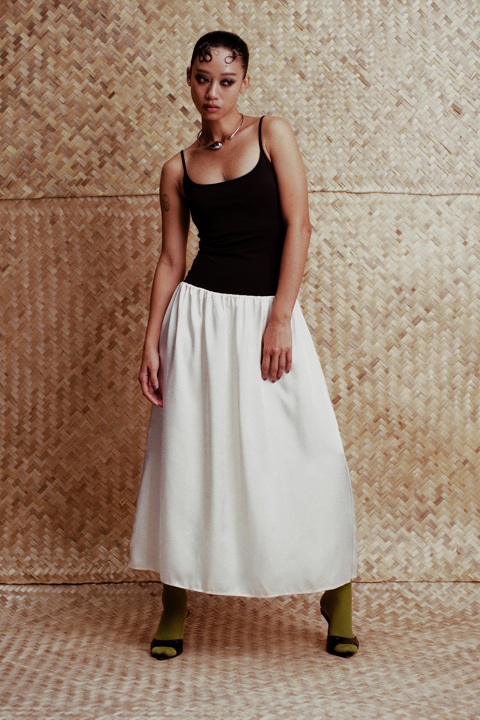 Cara Contrast Paneled Satin Maxi Dress Black & Cream