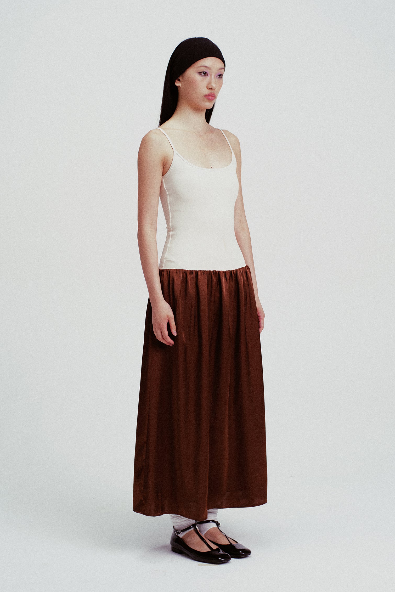 Cara Contrast Paneled Satin Maxi Dress Cream & Coffee