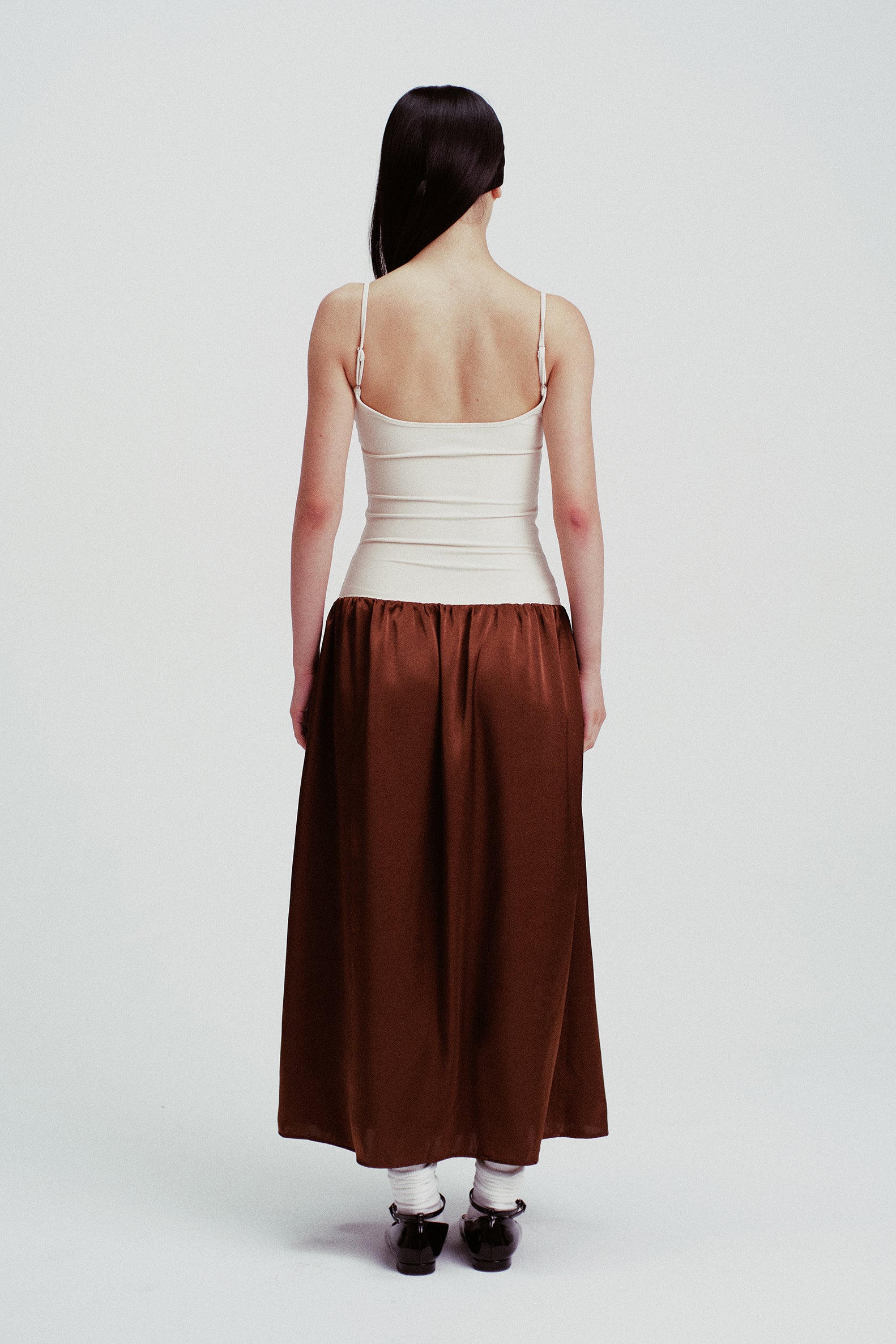 Cara Contrast Paneled Satin Maxi Dress Cream & Coffee