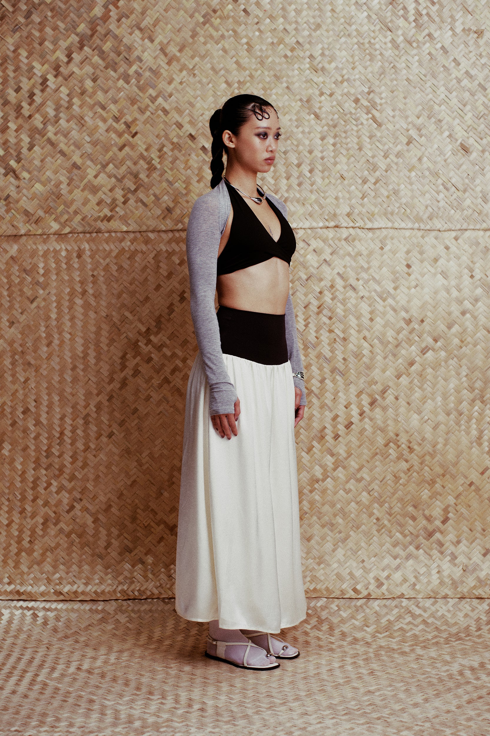 Cara Knit-Waist Satin Maxi Skirt Black & Cream