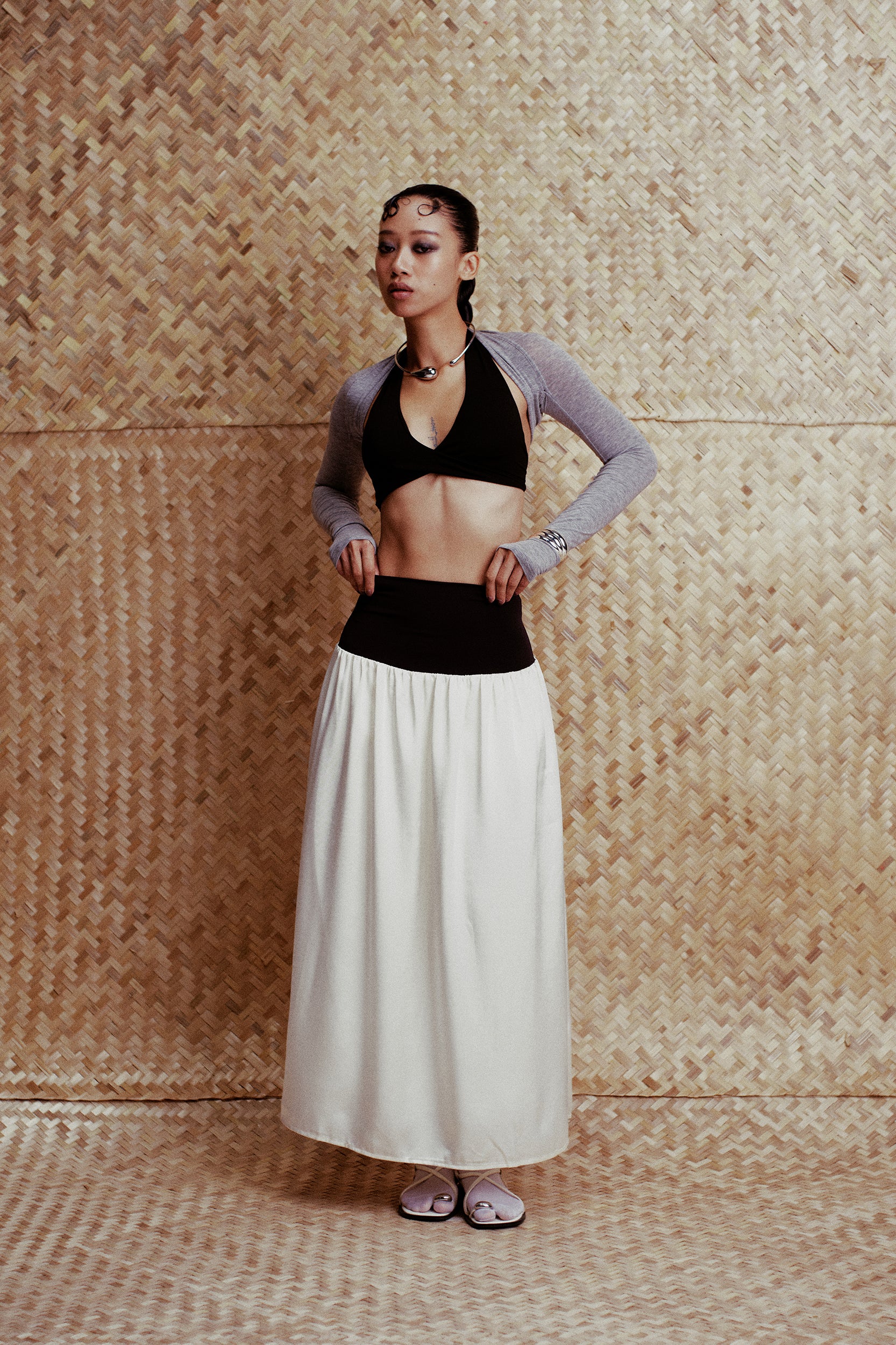 Cara Knit-Waist Satin Maxi Skirt Black & Cream