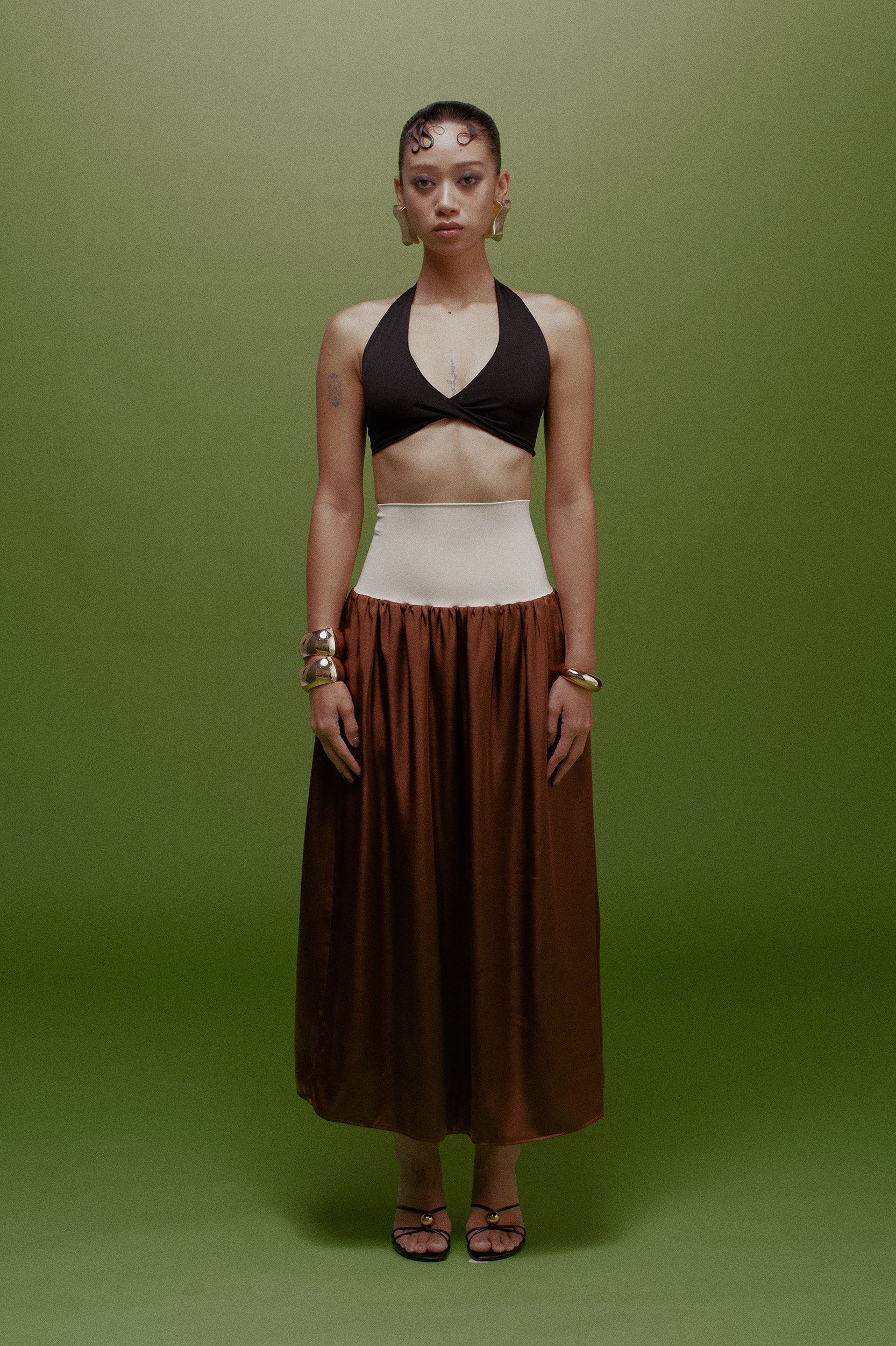 Cara Knit-Waist Satin Maxi Skirt Cream & Coffee