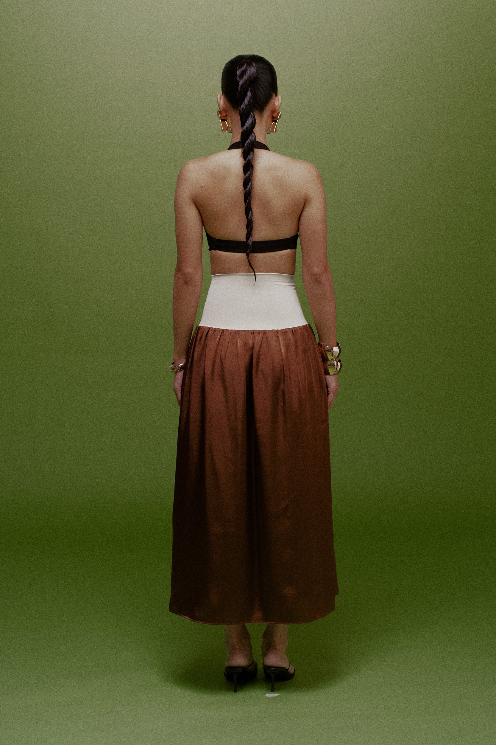 Cara Knit-Waist Satin Maxi Skirt Cream & Coffee