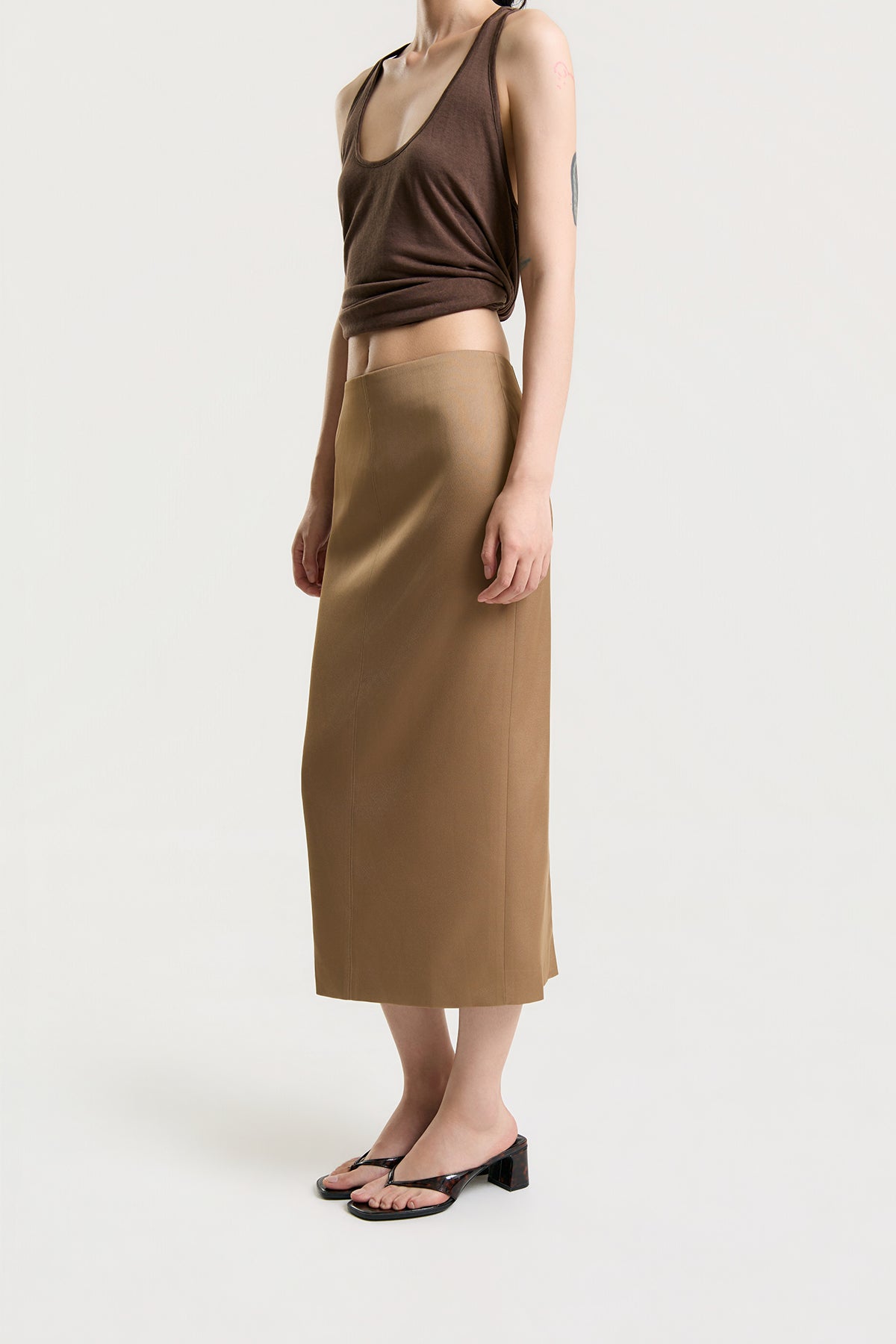 OTHER STORE Daria Straight Satin Midi Skirt in Camel