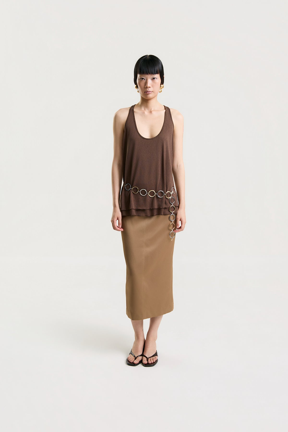 OTHER STORE Daria Straight Satin Midi Skirt in Camel
