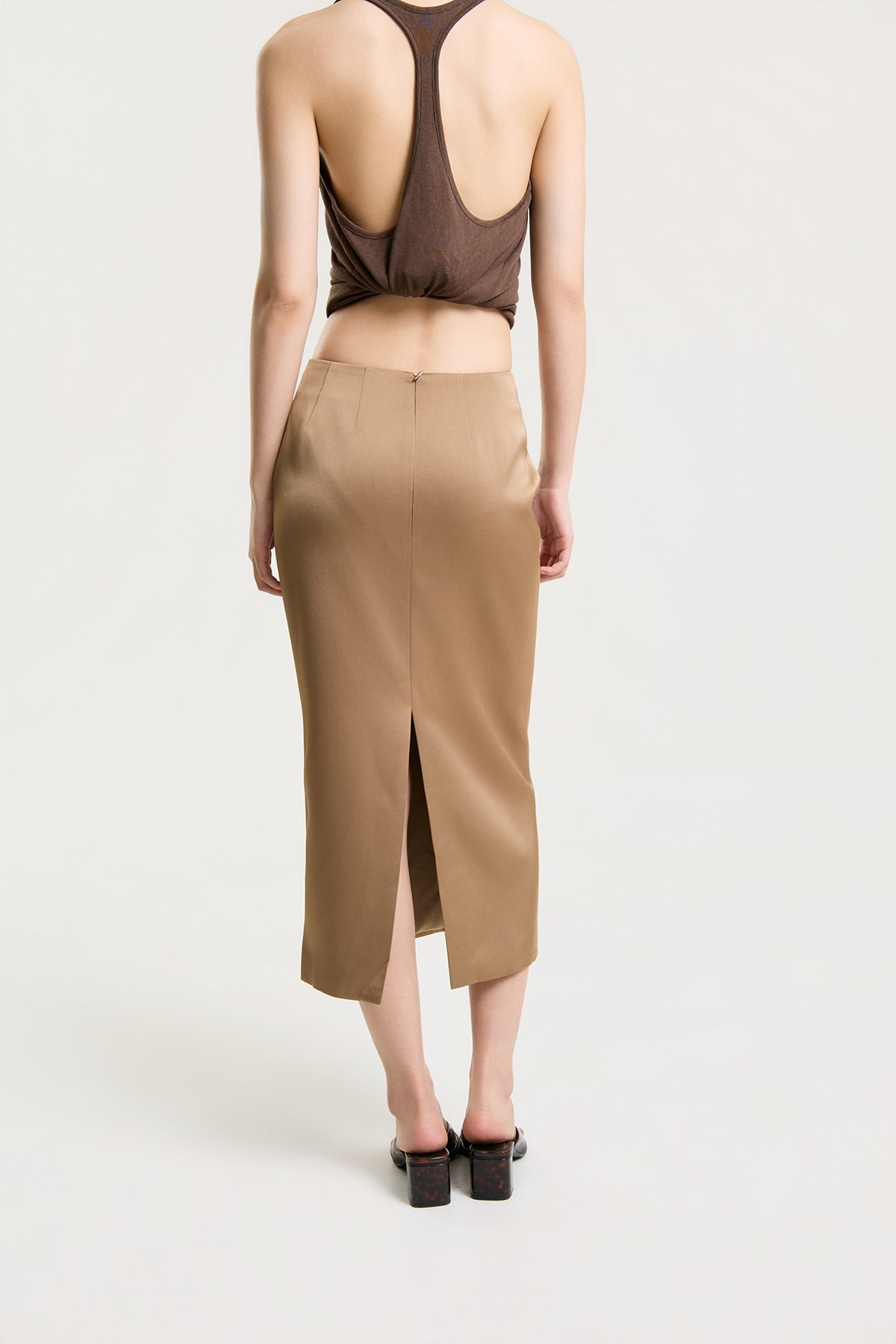 OTHER STORE Daria Straight Satin Midi Skirt in Camel