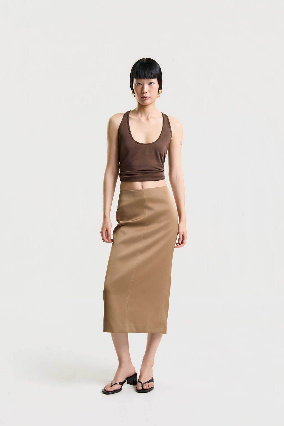 OTHER STORE Daria Straight Satin Midi Skirt in Camel