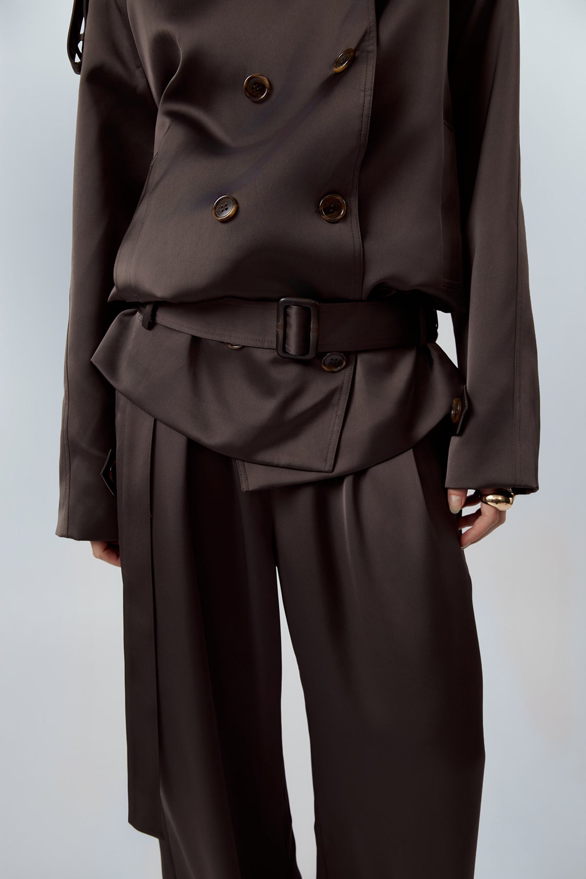 OTHER STORE Daria High-Neck Belted Double-Breasted Jacket in Espresso Brown