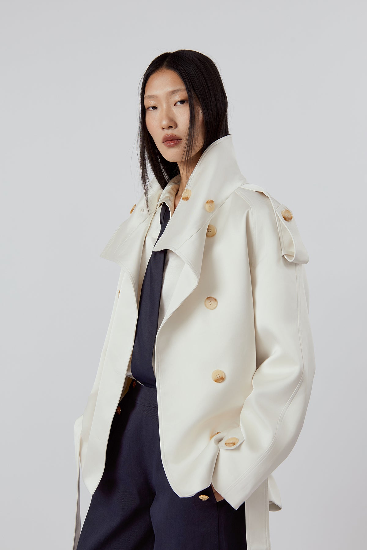 OTHER STORE Daria High-Neck Belted Double-Breasted Jacket in Ivory