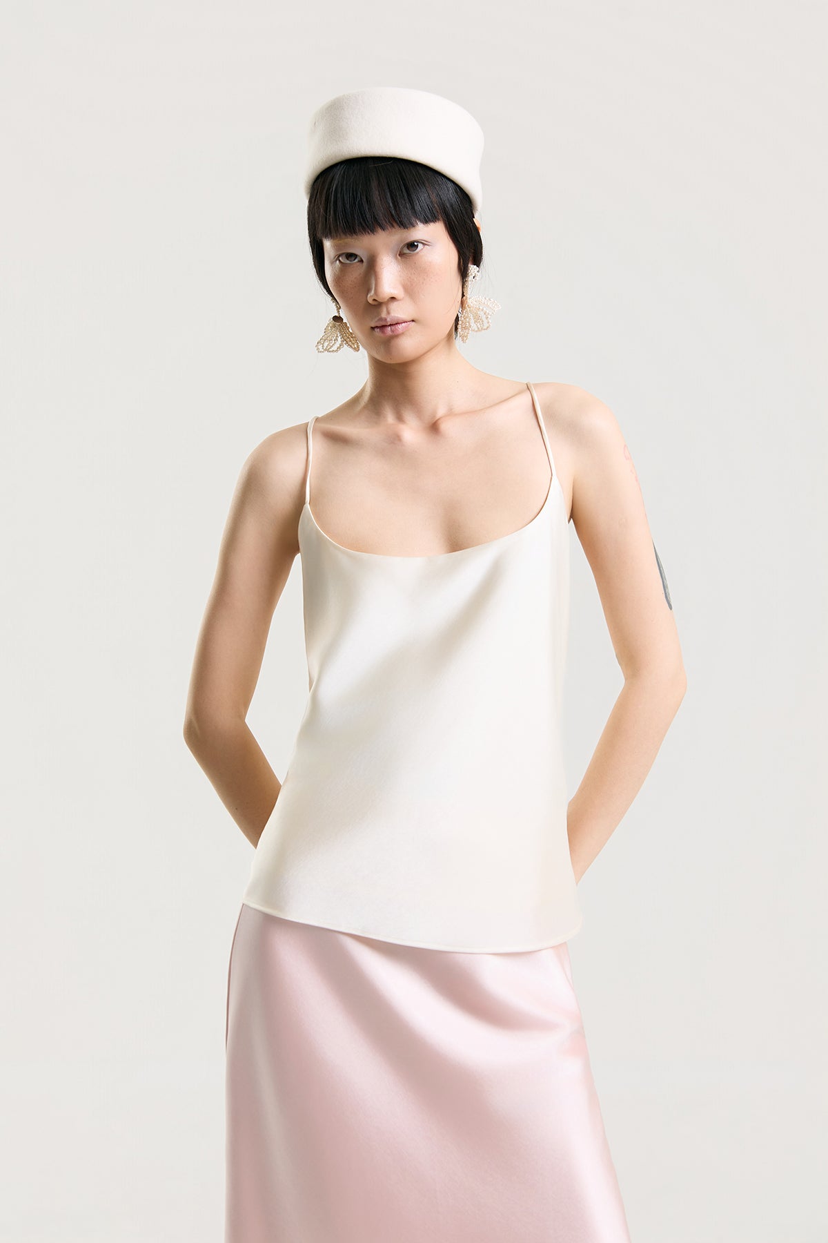 OTHER STORE Elodie Cross-Back Satin Cami Top in Ivory