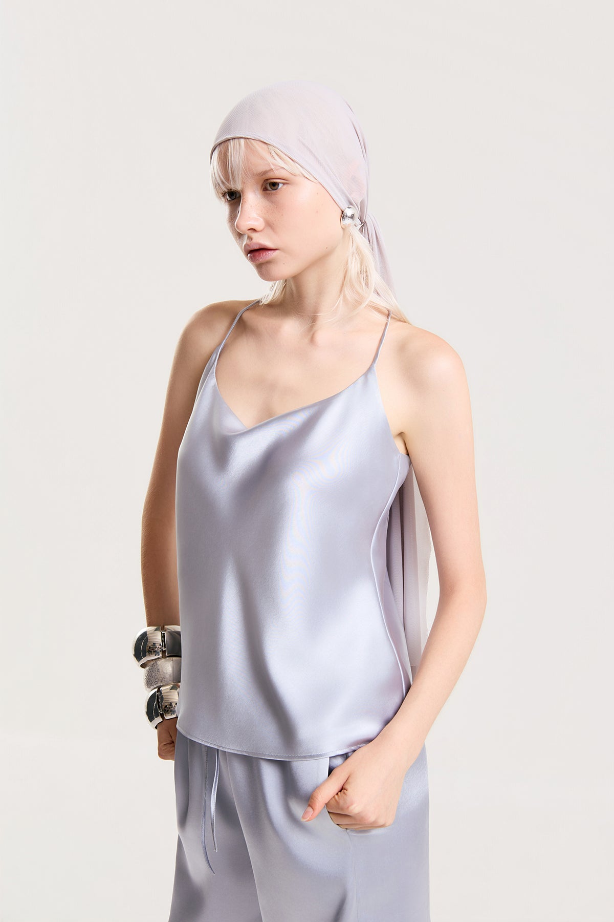 OTHER STORE Elodie Cross-Back Satin Cami Top in Mist Blue