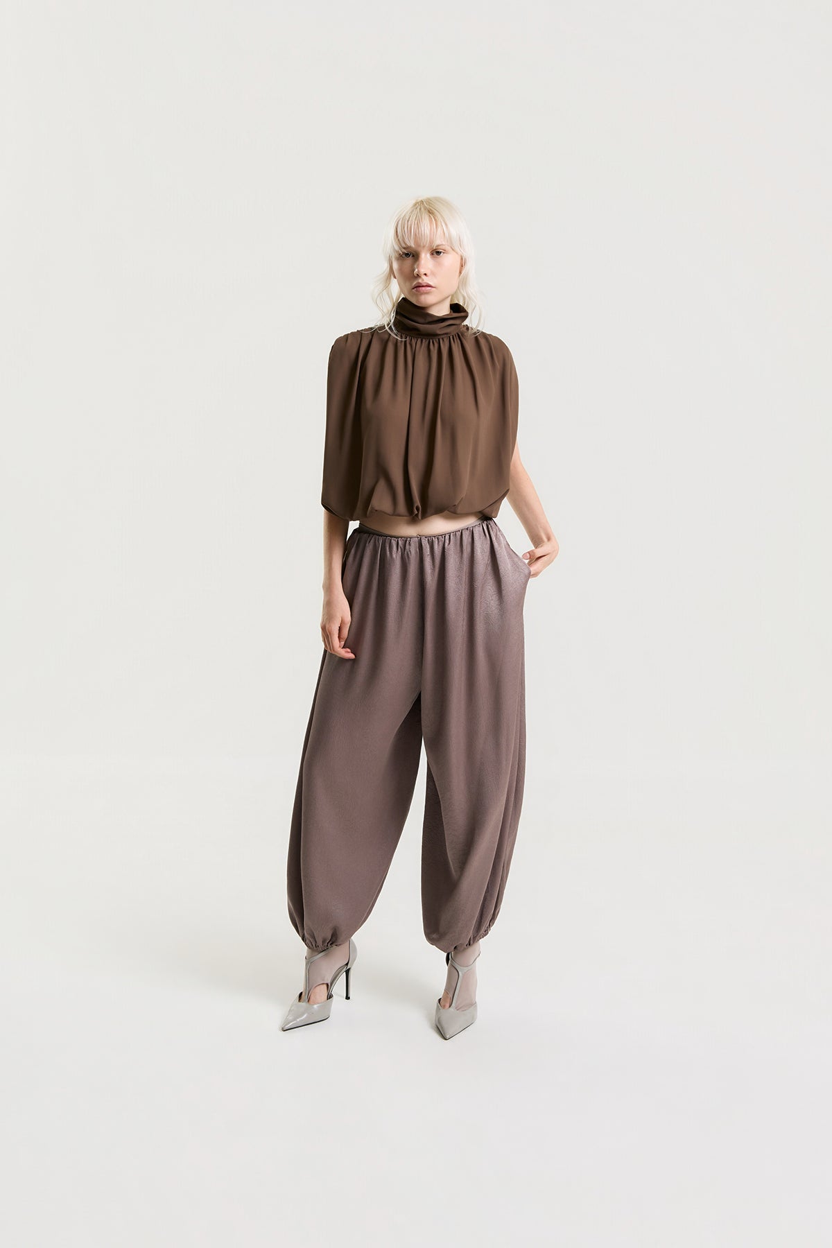 OTHER STORE Elowen Draped High-Neck Blouse in Cocoa Brown