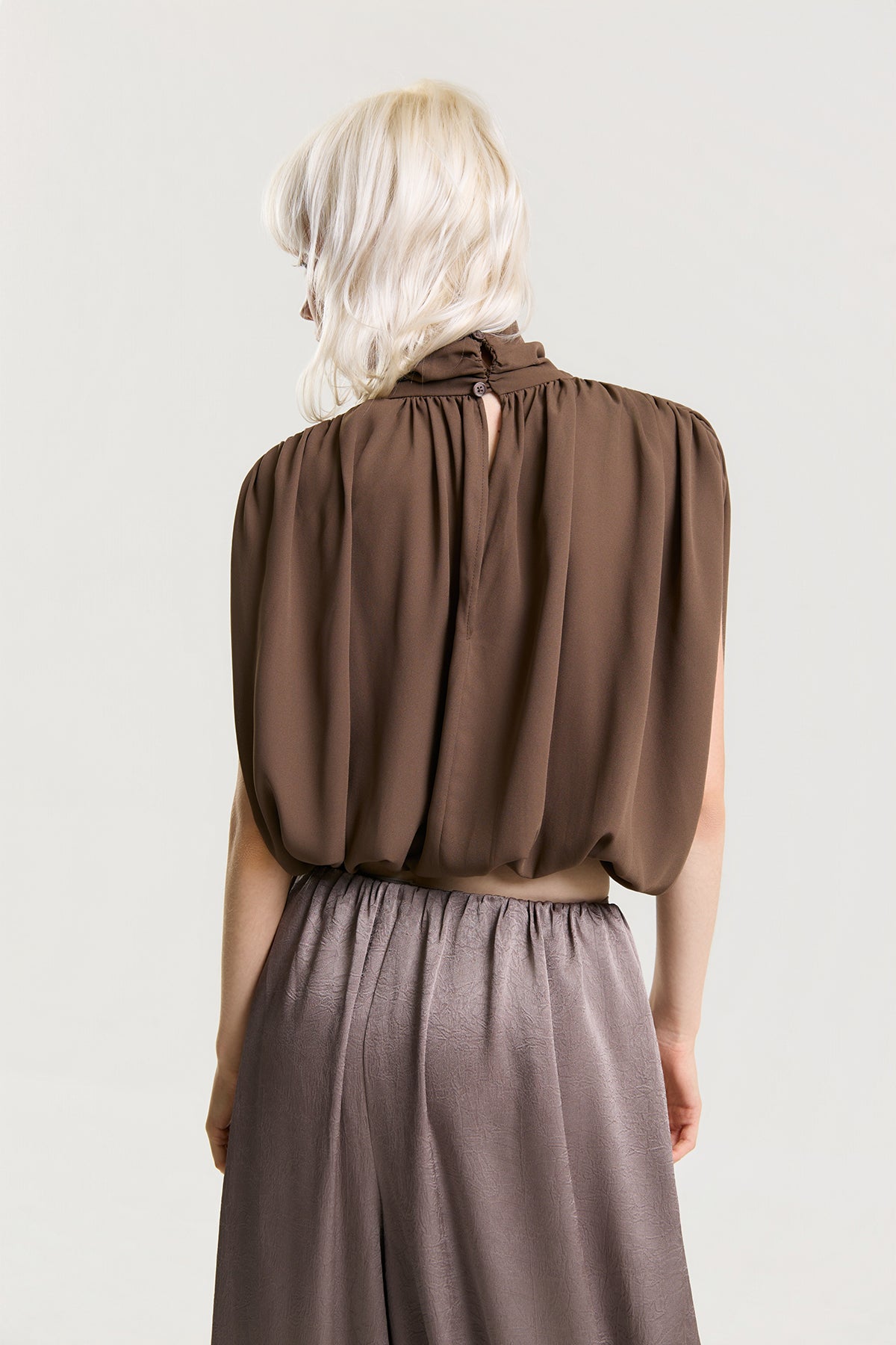 OTHER STORE Elowen Draped High-Neck Blouse in Cocoa Brown