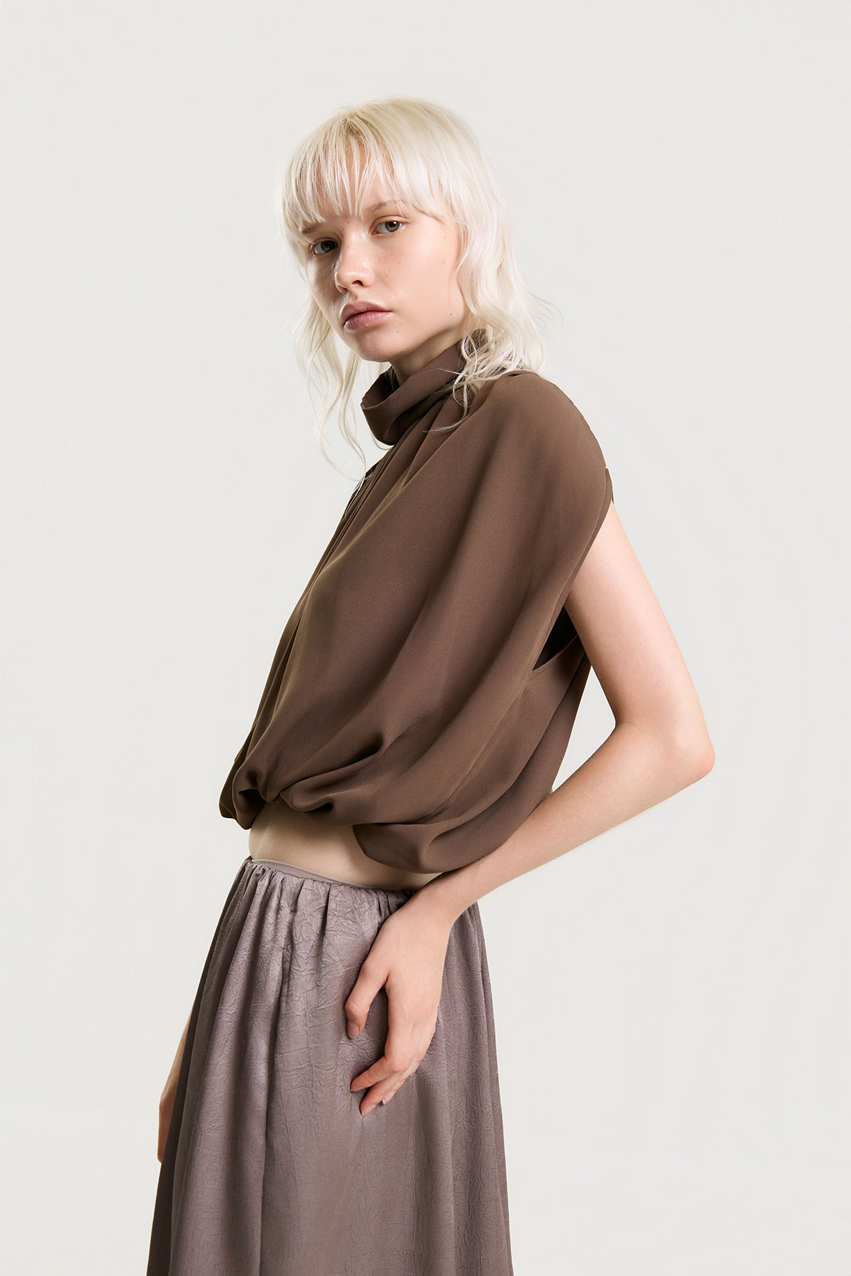 OTHER STORE Elowen Draped High-Neck Blouse in Cocoa Brown