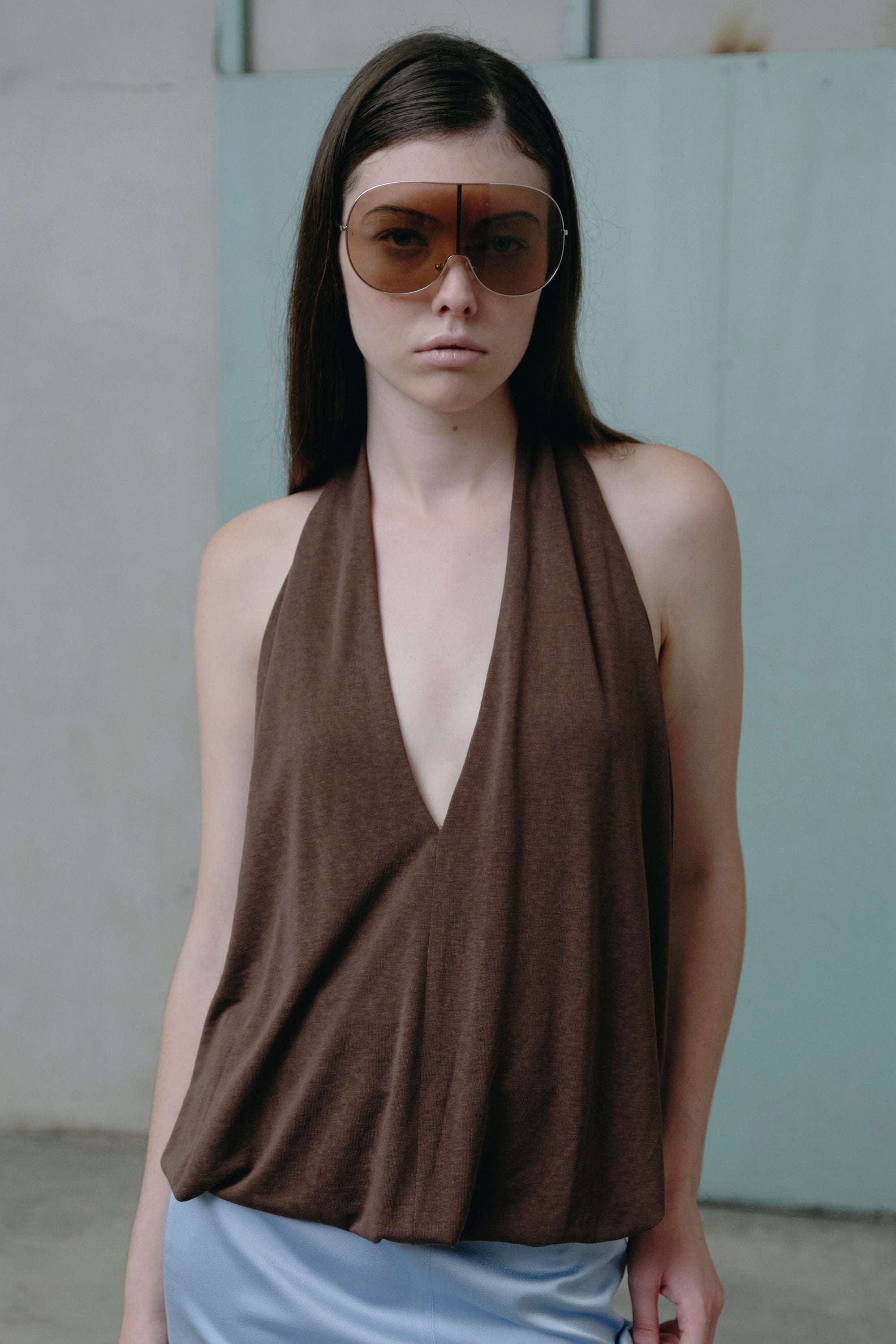 OTHER STORE Halo Drape Halter Top in Brown