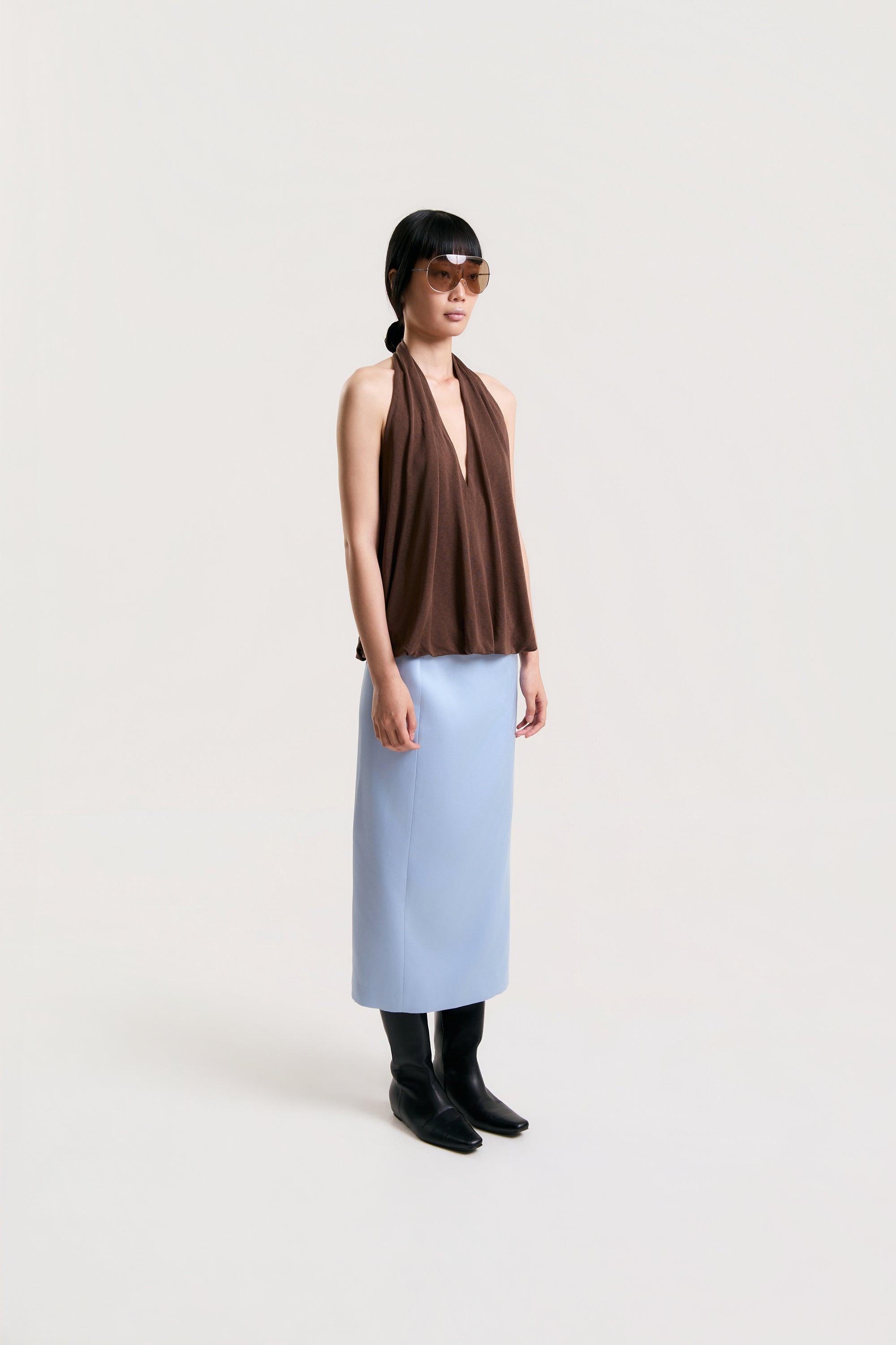 OTHER STORE Halo Drape Halter Top in Brown
