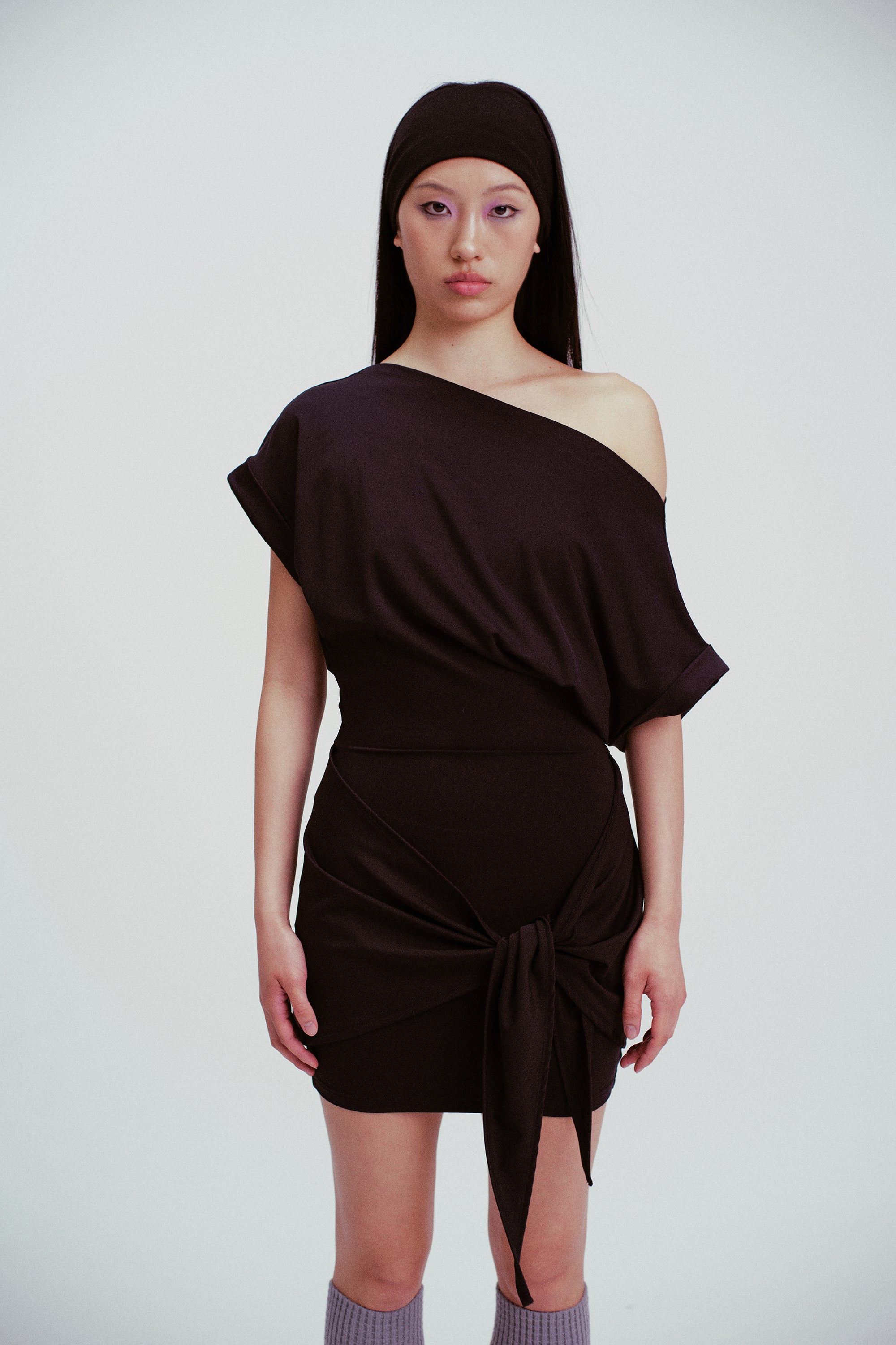 Lena Y-Line Draped Mini Dress Black