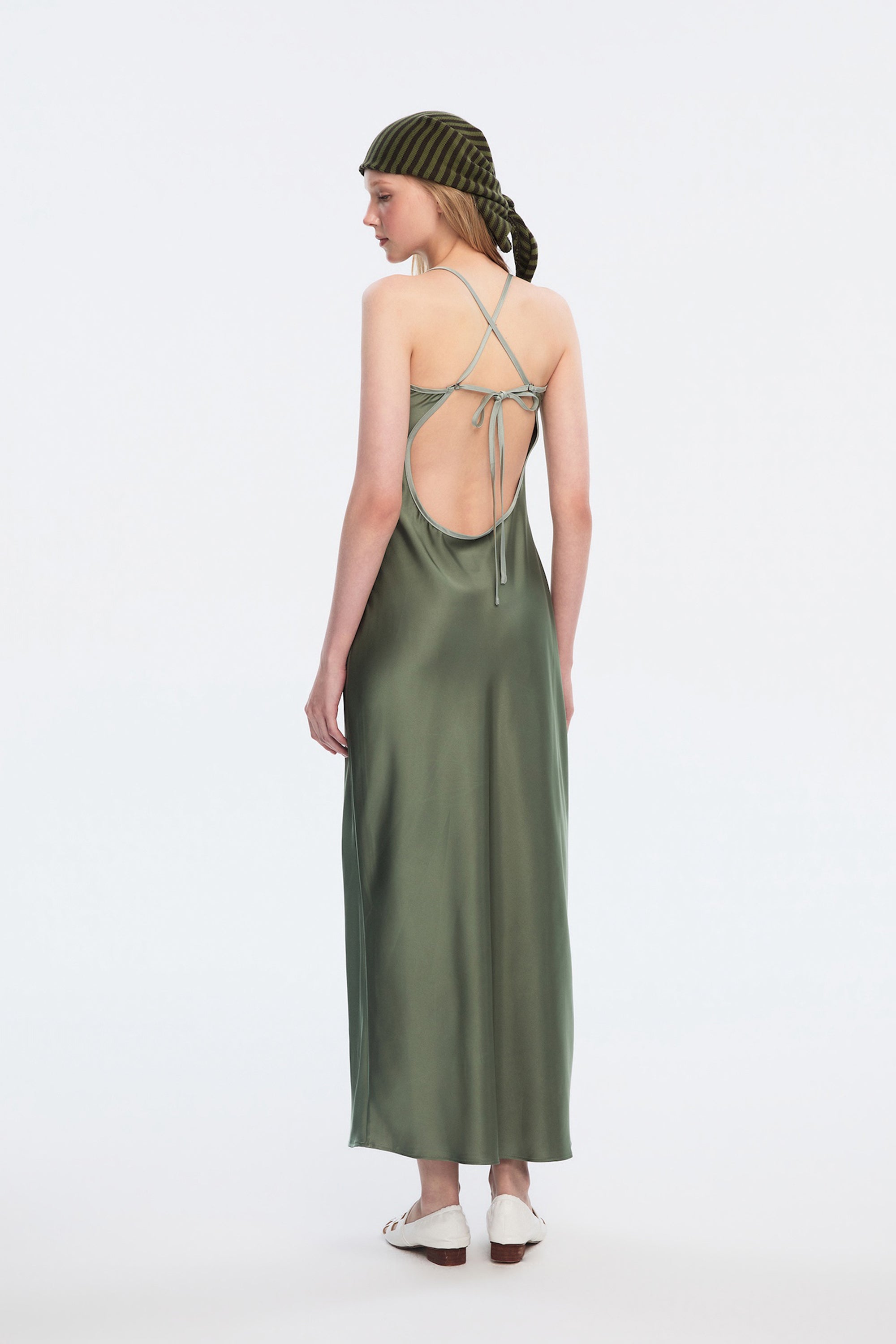 OTHER STORE Lume Olive Green Satin Slip Maxi Dress with Keyhole Cutout & Open Back