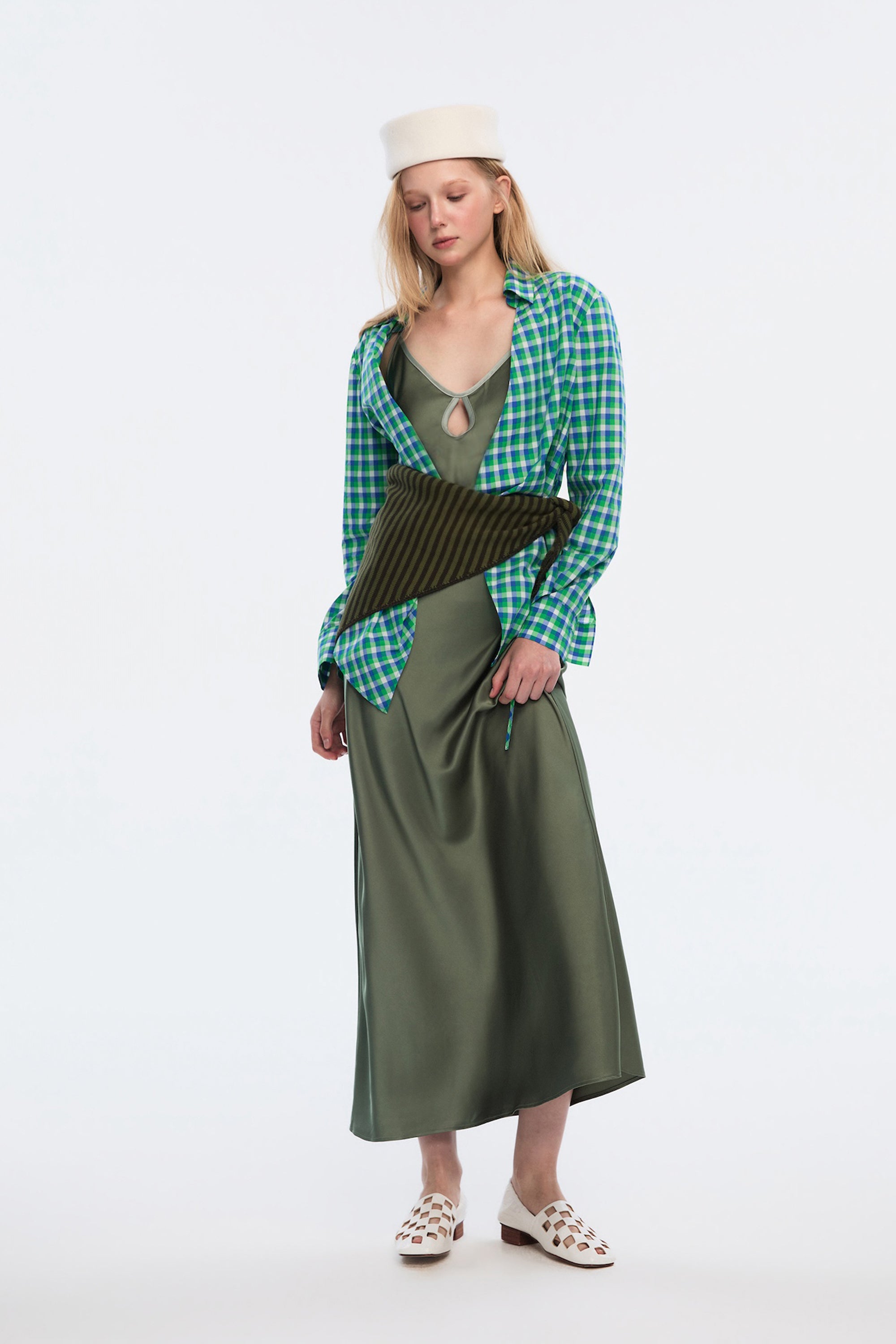 OTHER STORE Lume Olive Green Satin Slip Maxi Dress with Keyhole Cutout & Open Back