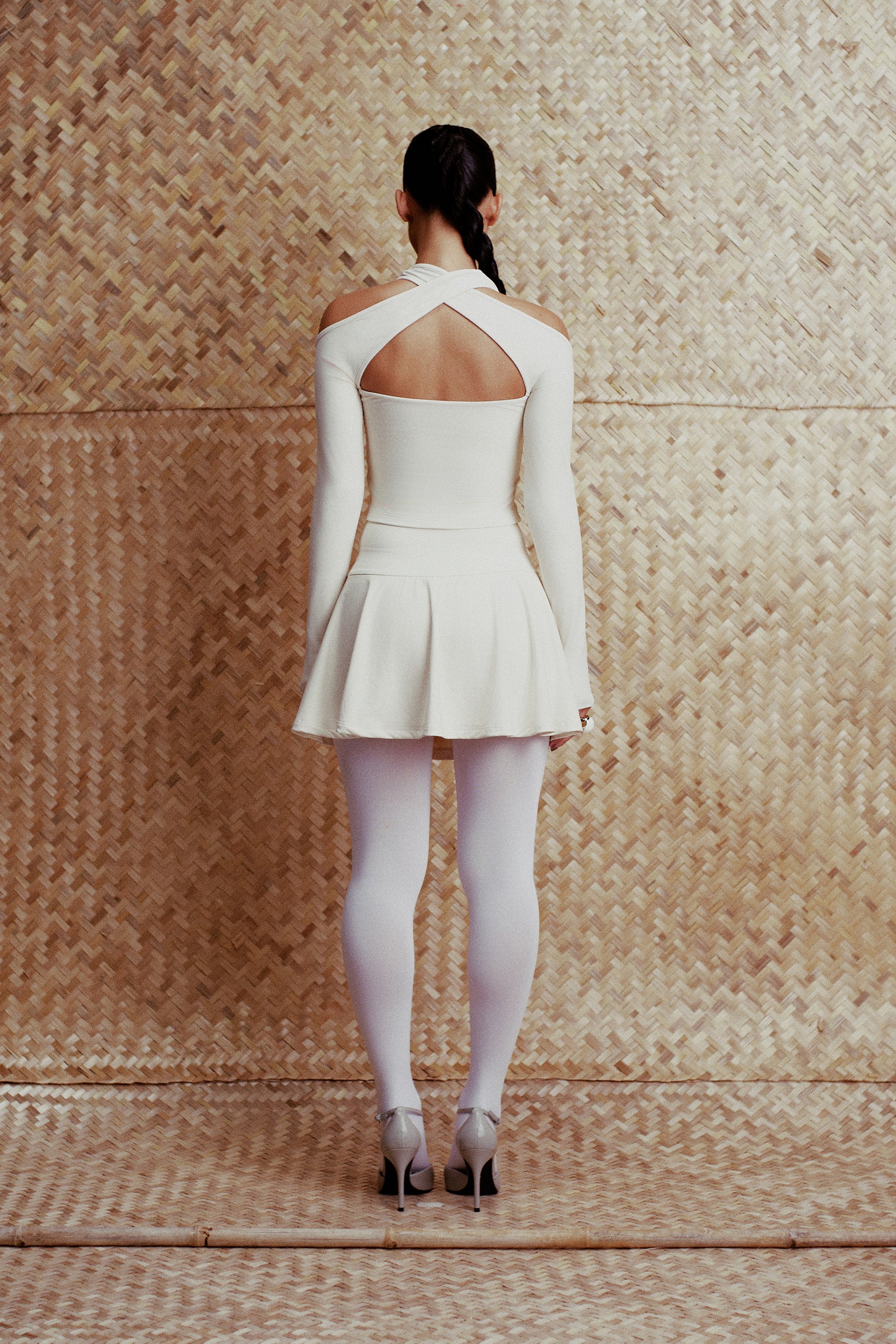 Luna Cross-Halter Cutout Sleeve Top Cream