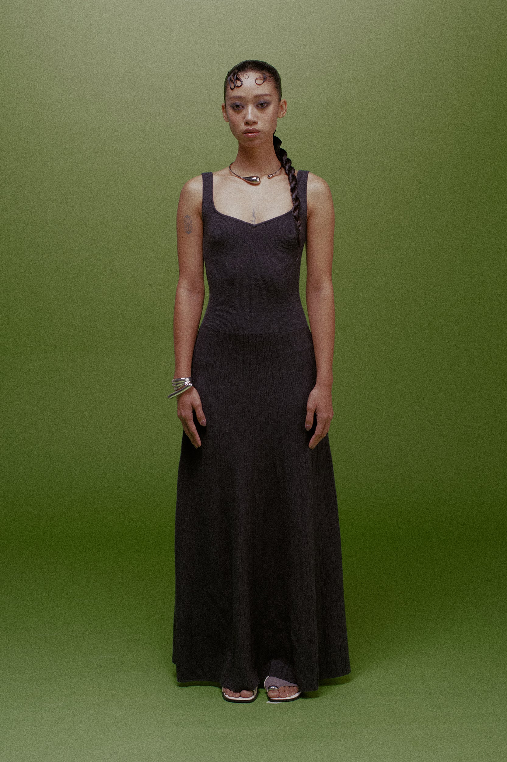 Mara Heart Neck Ribbed Wool Maxi Dress