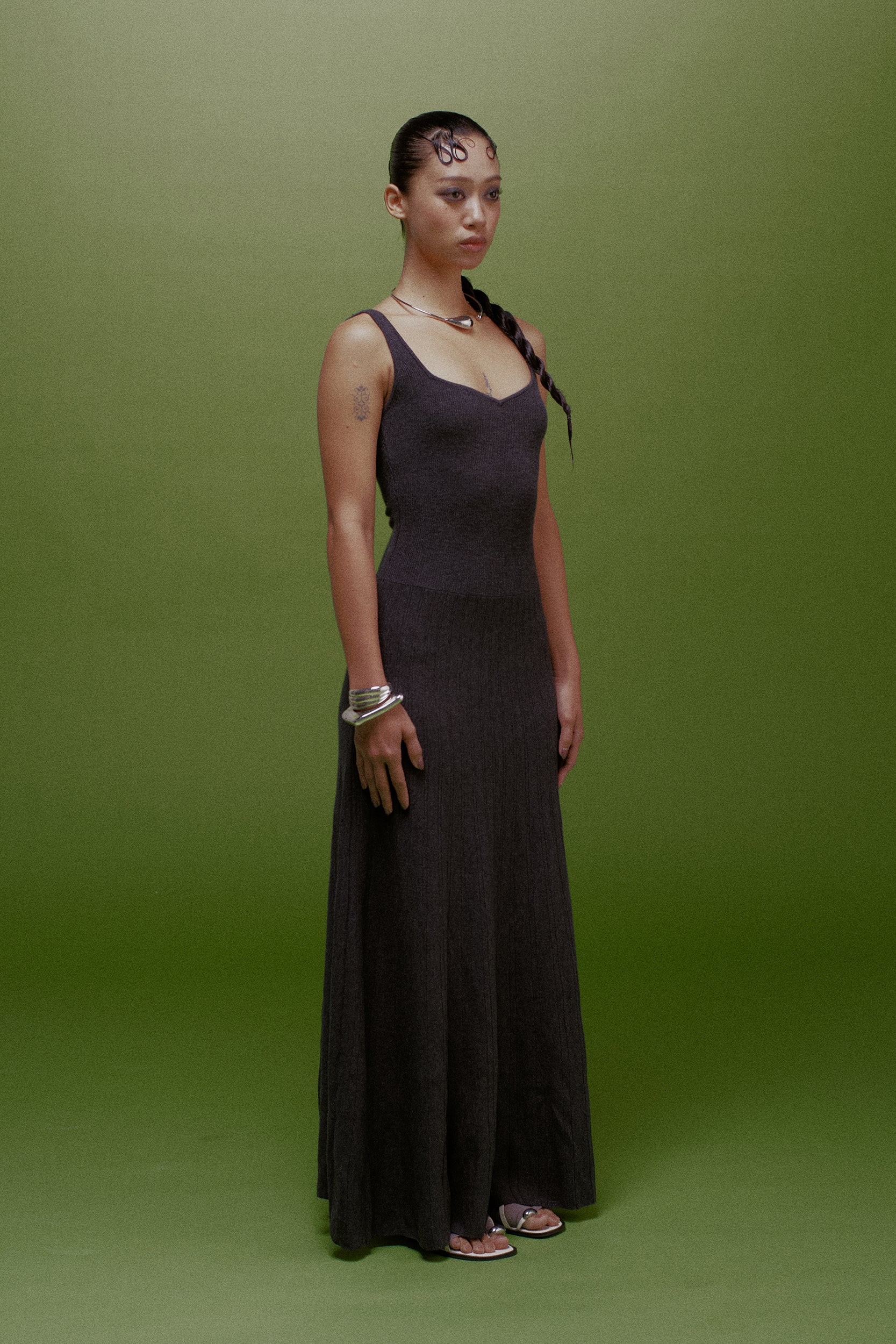 Mara Heart Neck Ribbed Wool Maxi Dress