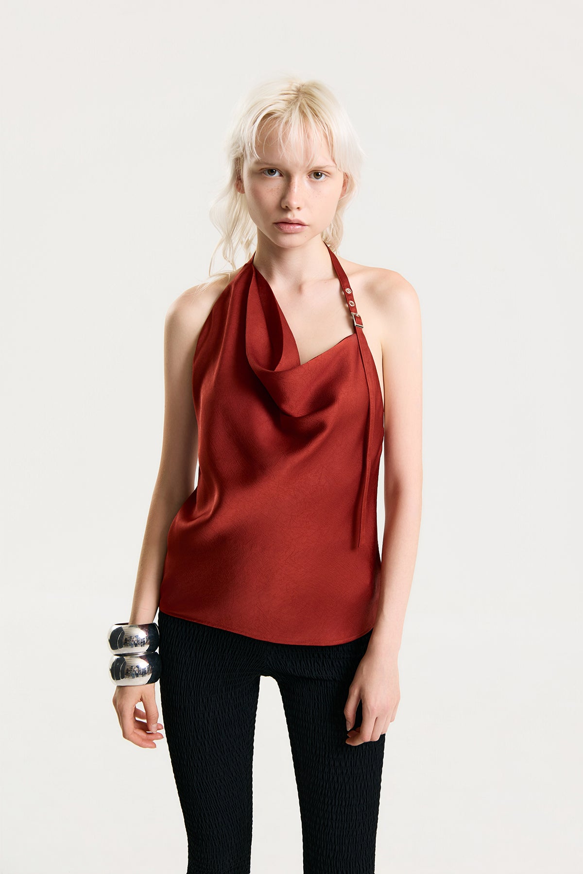 OTHER STORE Mariel Draped Halter Satin Top