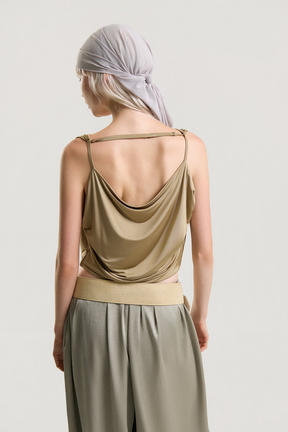OTHER STORE Mariel Draped Open-Back Tank Top in Khaki