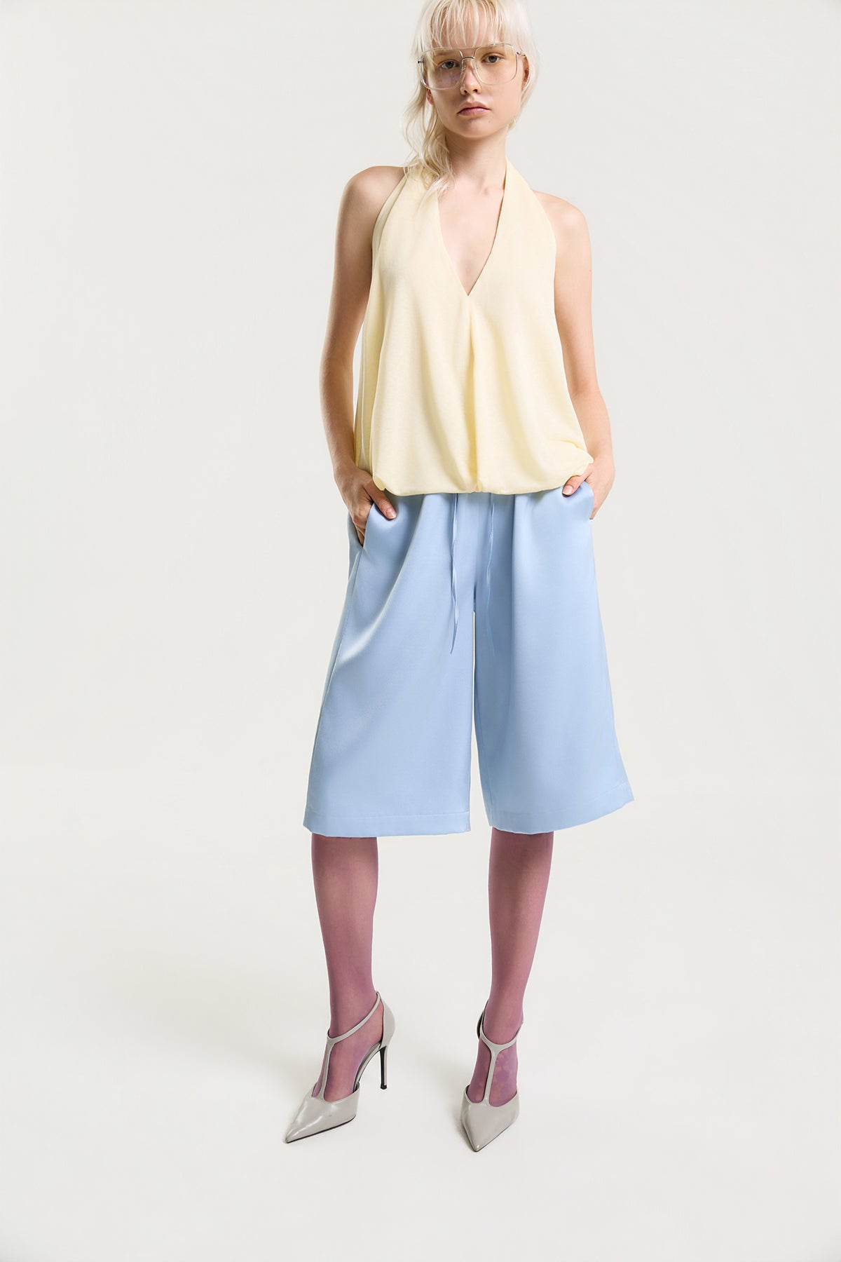 OTHER STORE Mariel Satin Mid-Length Shorts in Blue