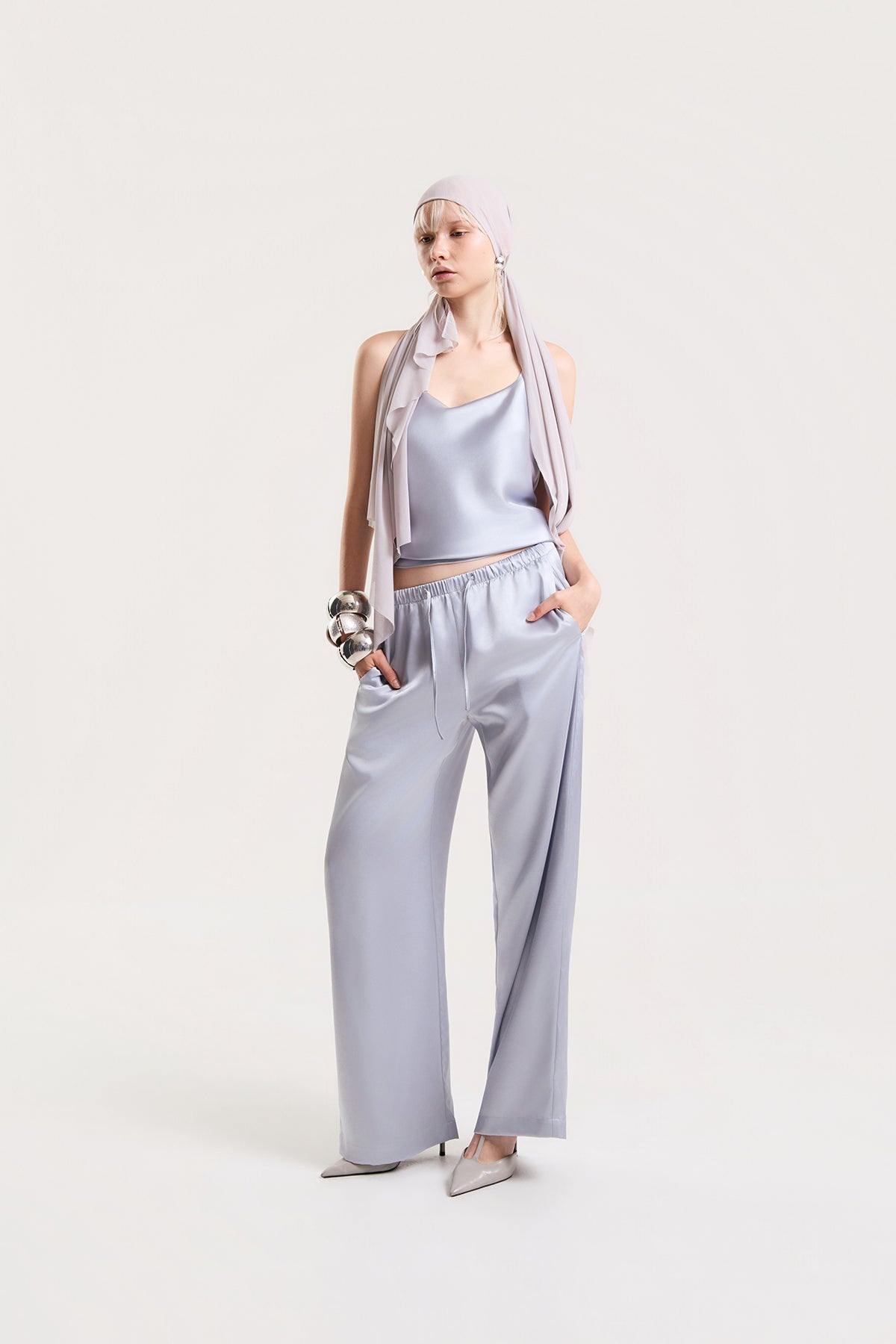 OTHER STORE Mariel Wide-Leg Satin Pants in Mist Blue