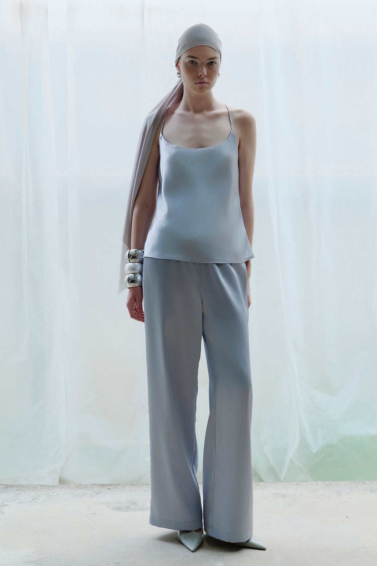 OTHER STORE Mariel Wide-Leg Satin Pants in Mist Blue
