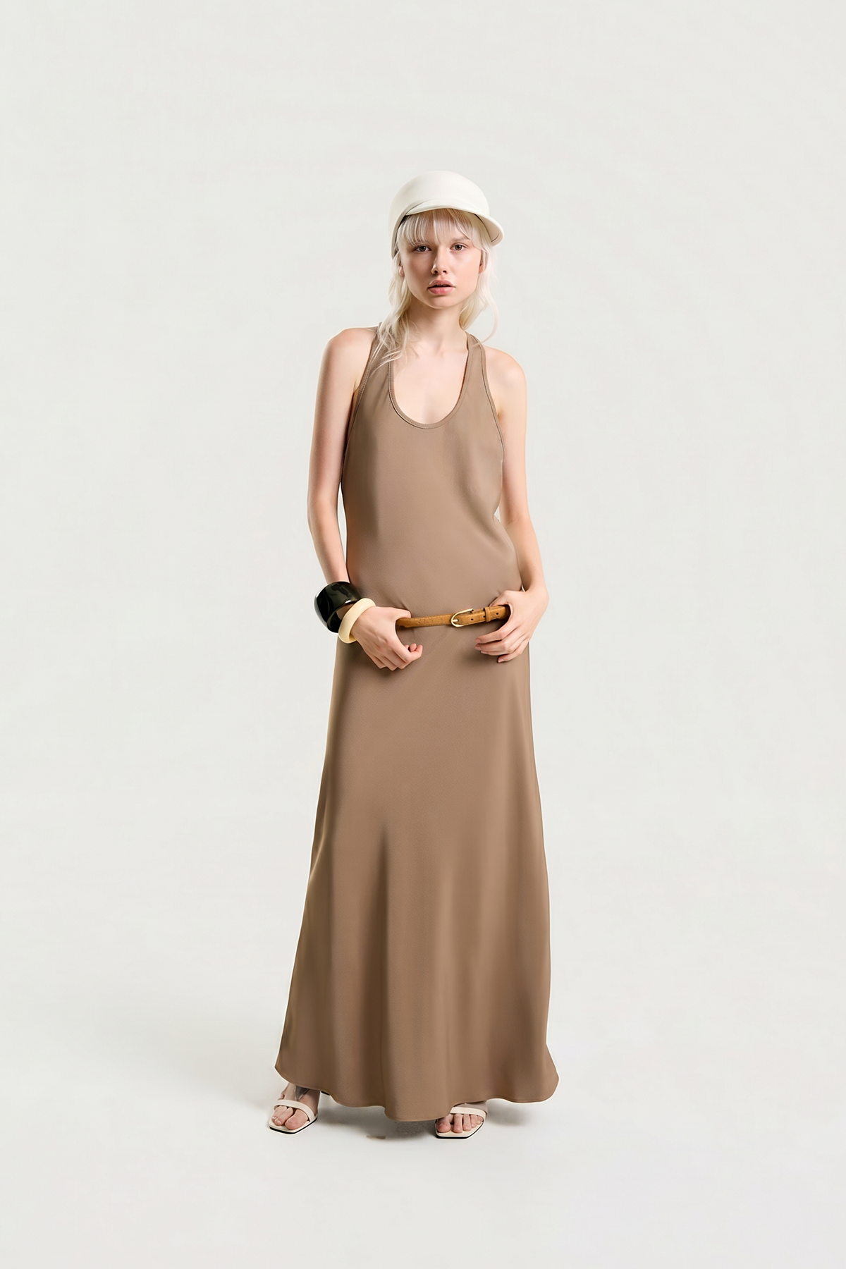 OTHER STORE Noemi Racerback Open-Back Maxi Dress in Taupe Brown
