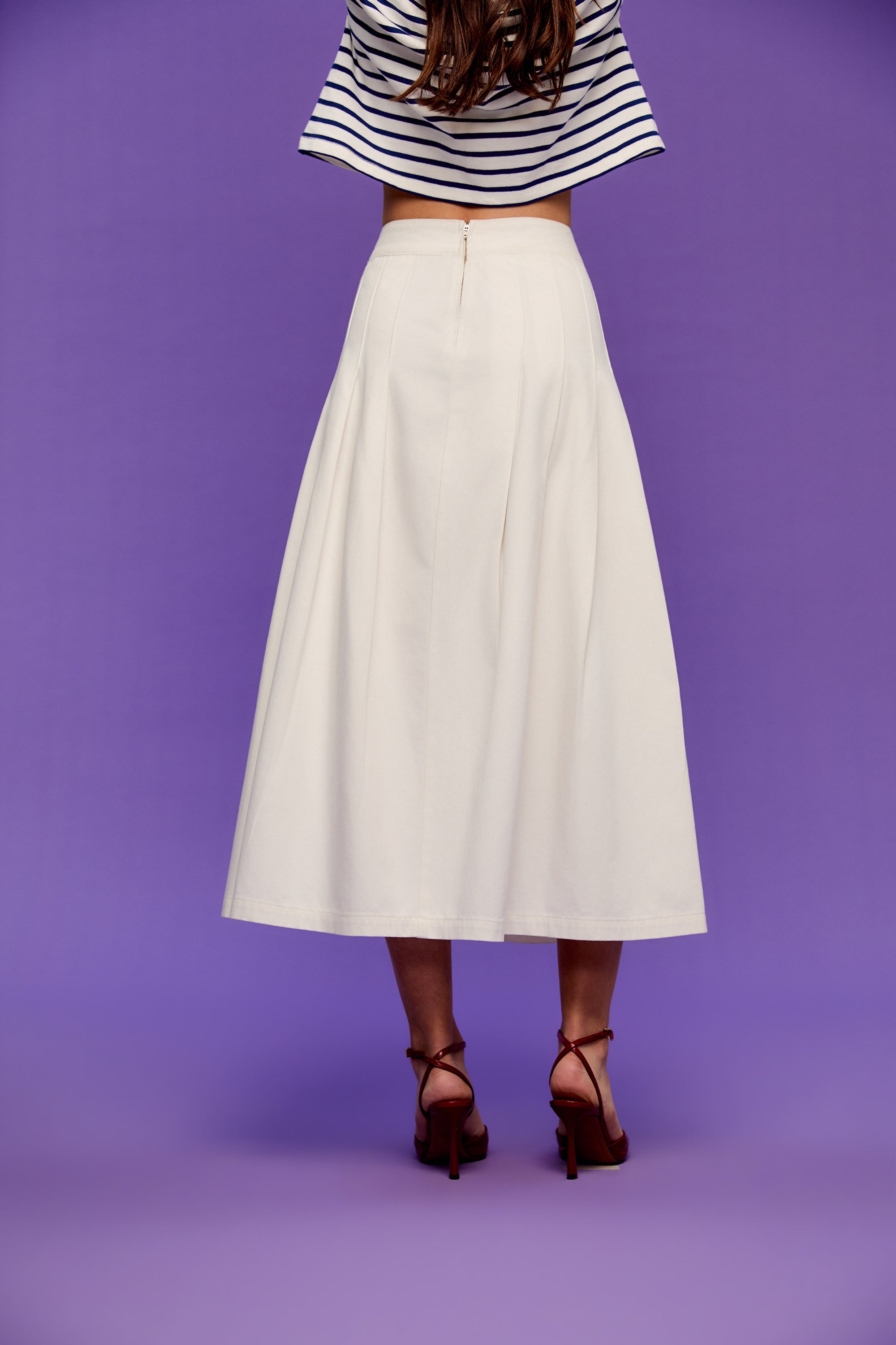 OTHER STORE Halo Pleated A-Line White Denim Midi Skirt