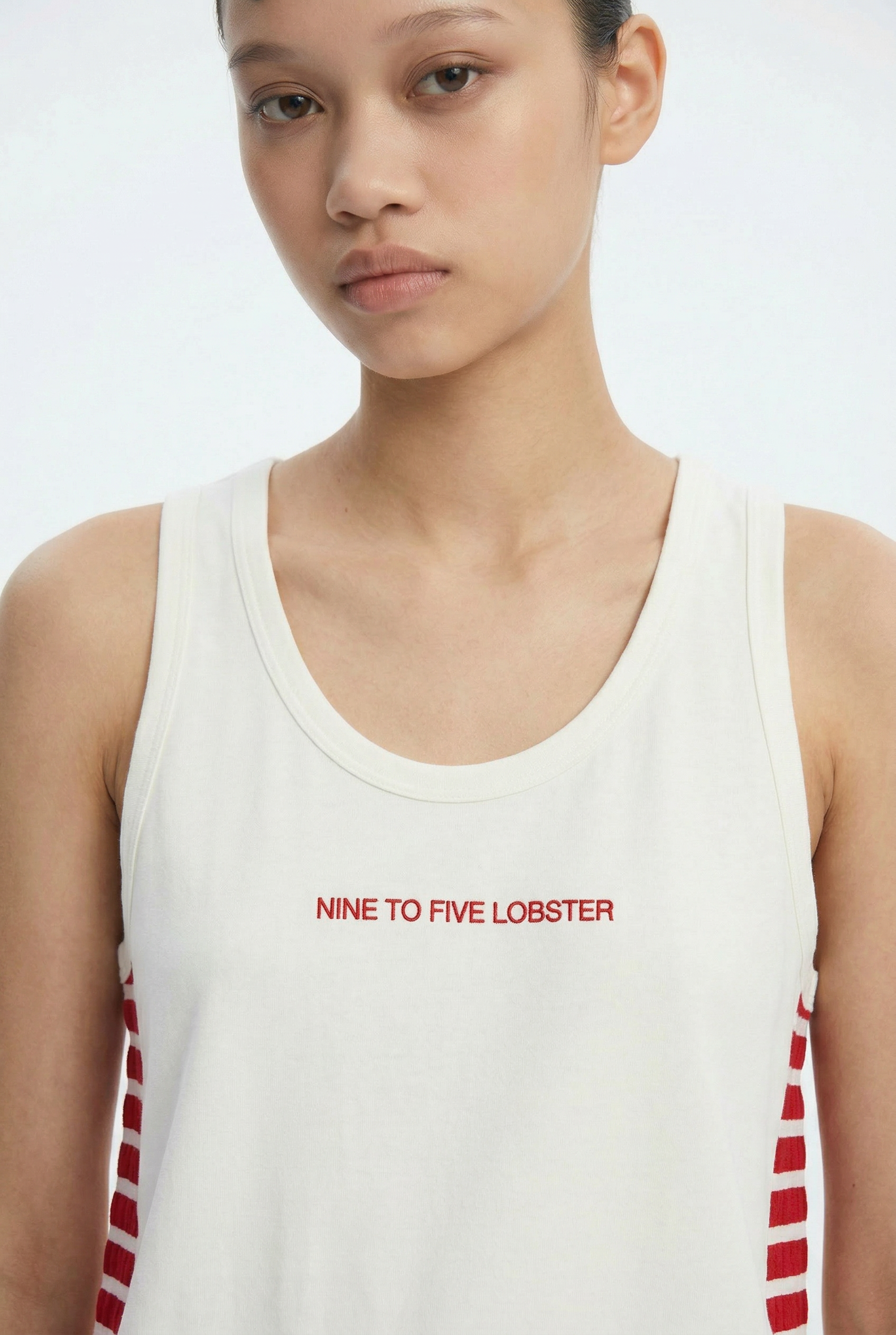 OTHER STORE Lobster Slogan Striped Tank in Sunset Red