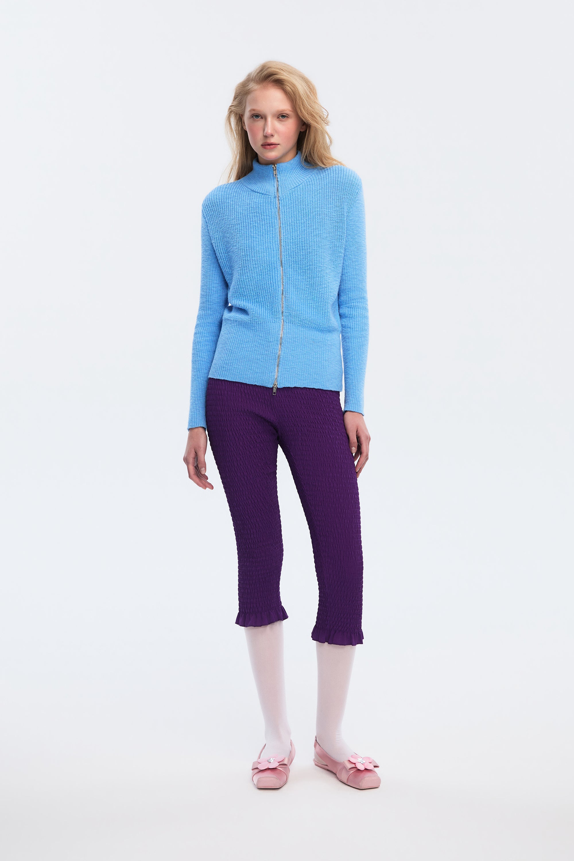 OTHER STORE Ripple Smocked Ruffle-Hem Capri Leggings in Purple
