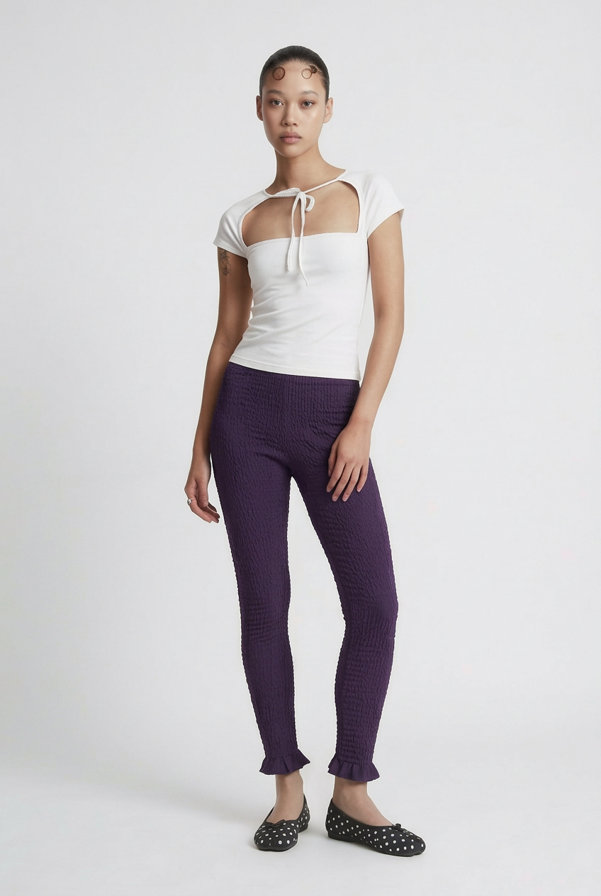 OTHER STORE Ripple Smocked Ruffle-Hem Cropped Leggings in Purple