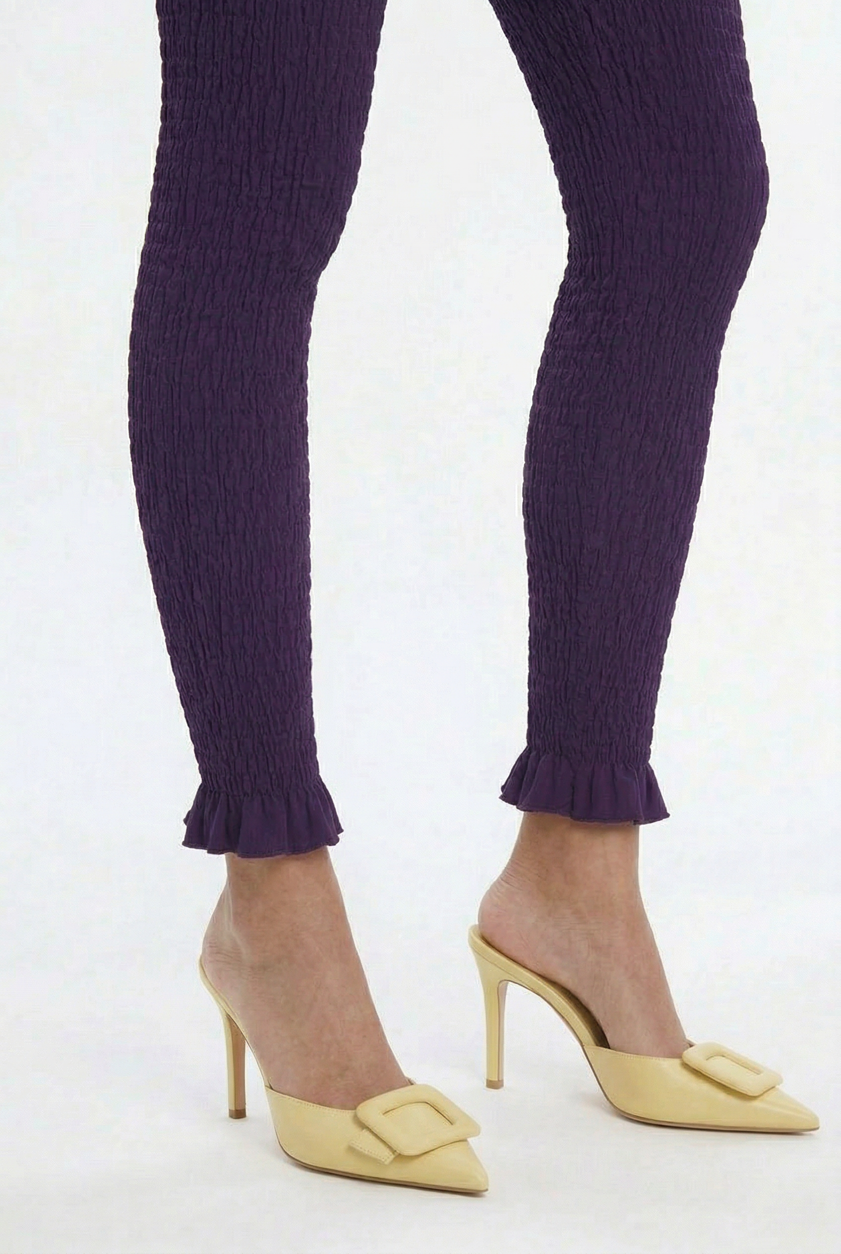 OTHER STORE Ripple Smocked Ruffle-Hem Cropped Leggings in Purple