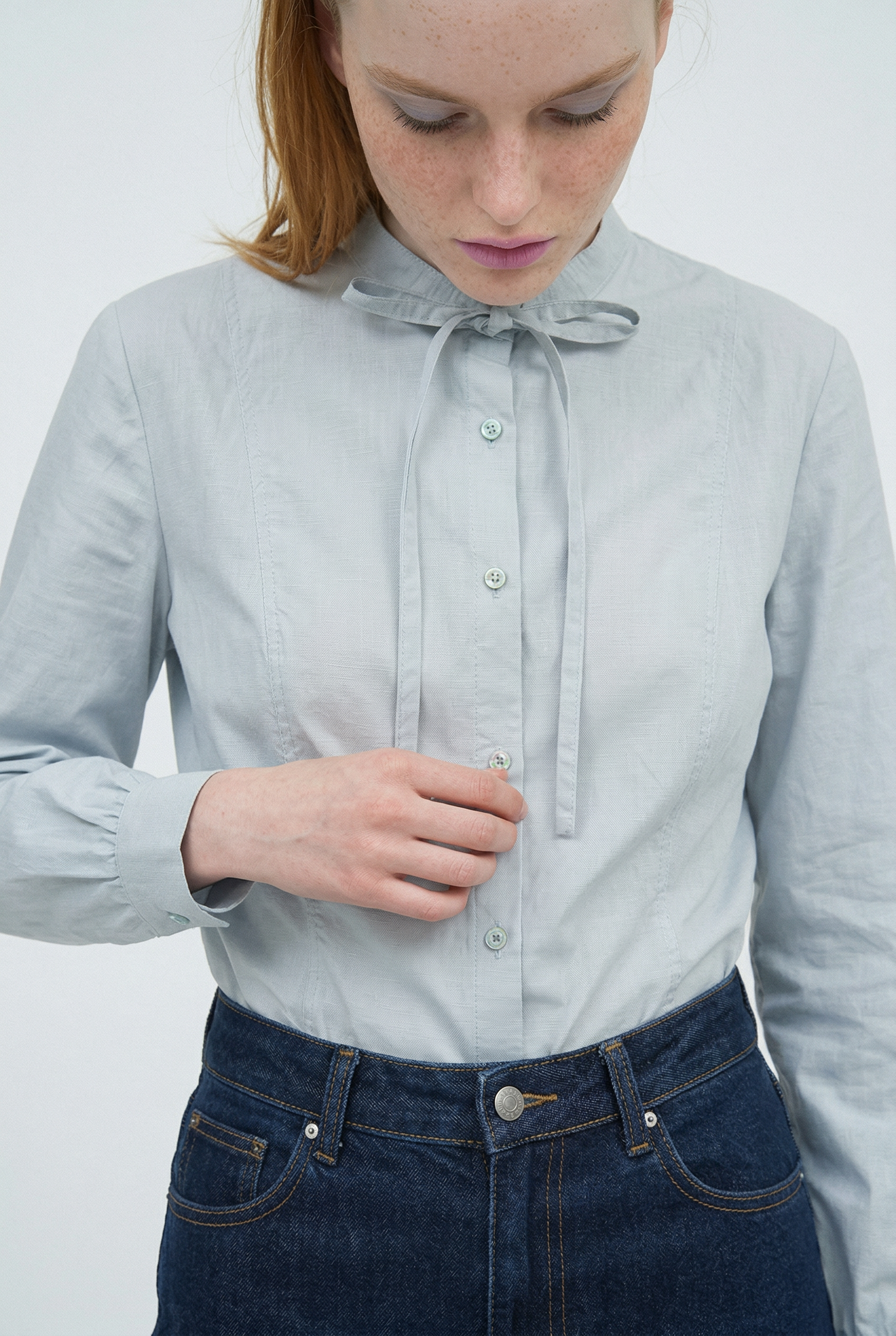 OTHER STORE Sonata Sculptural Lantern-Sleeve Shirt in Sky Gray