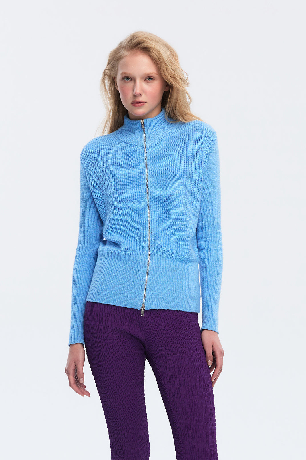 OTHER STORE Flex Two-Way Zip Stand-Collar Ingot Knit Cardigan In Sky Blue