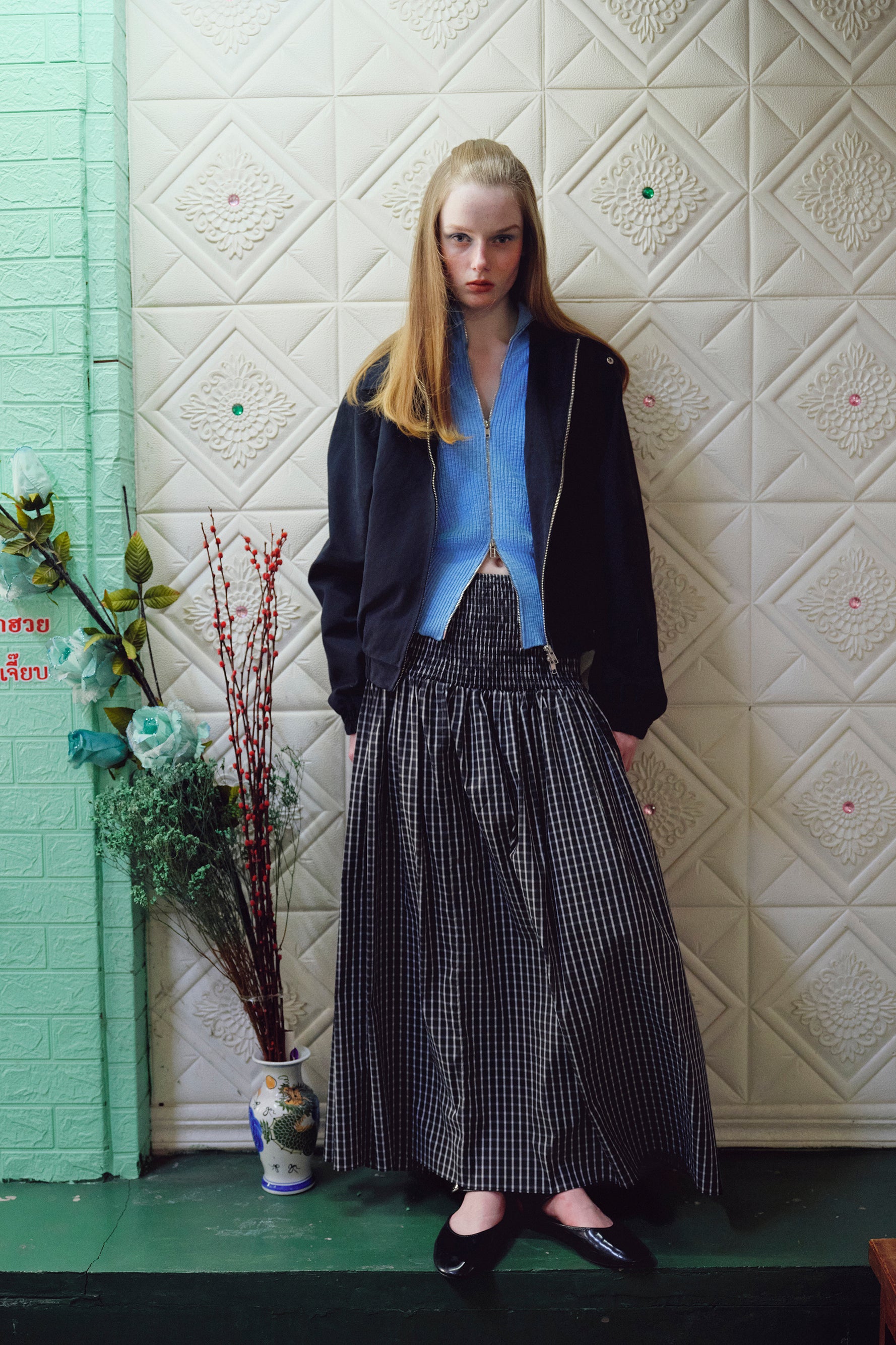 OTHER STORE Flex Two-Way Zip Stand-Collar Ingot Knit Cardigan In Sky Blue