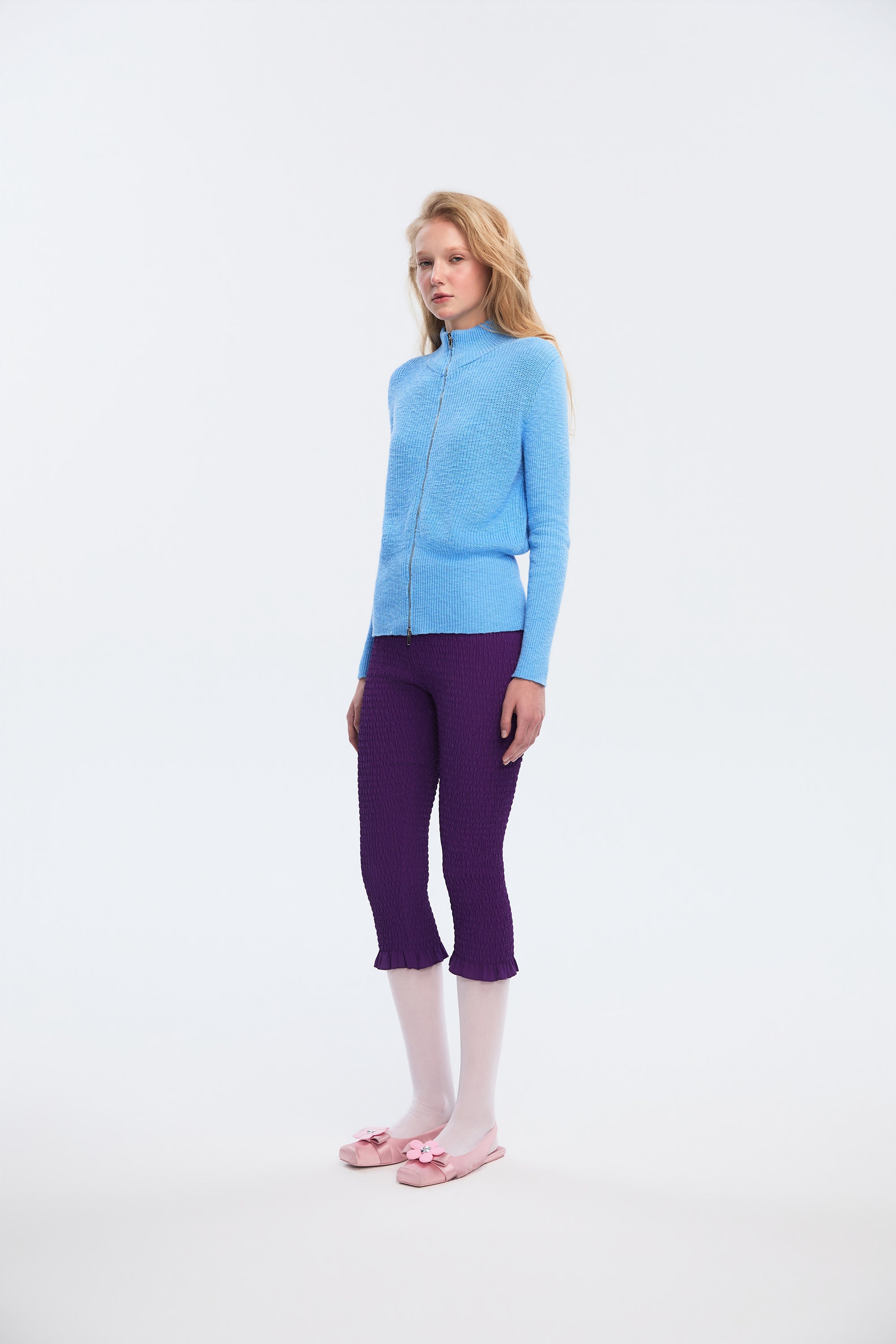 OTHER STORE Flex Two-Way Zip Stand-Collar Ingot Knit Cardigan In Sky Blue